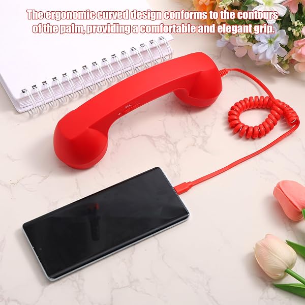 Téléphone Portable Rétro pour Iphone/Android, Combiné Type C Style Années 90 avec Microphone et Haut-Parleur Accessoire Photo (Rouge) - 4