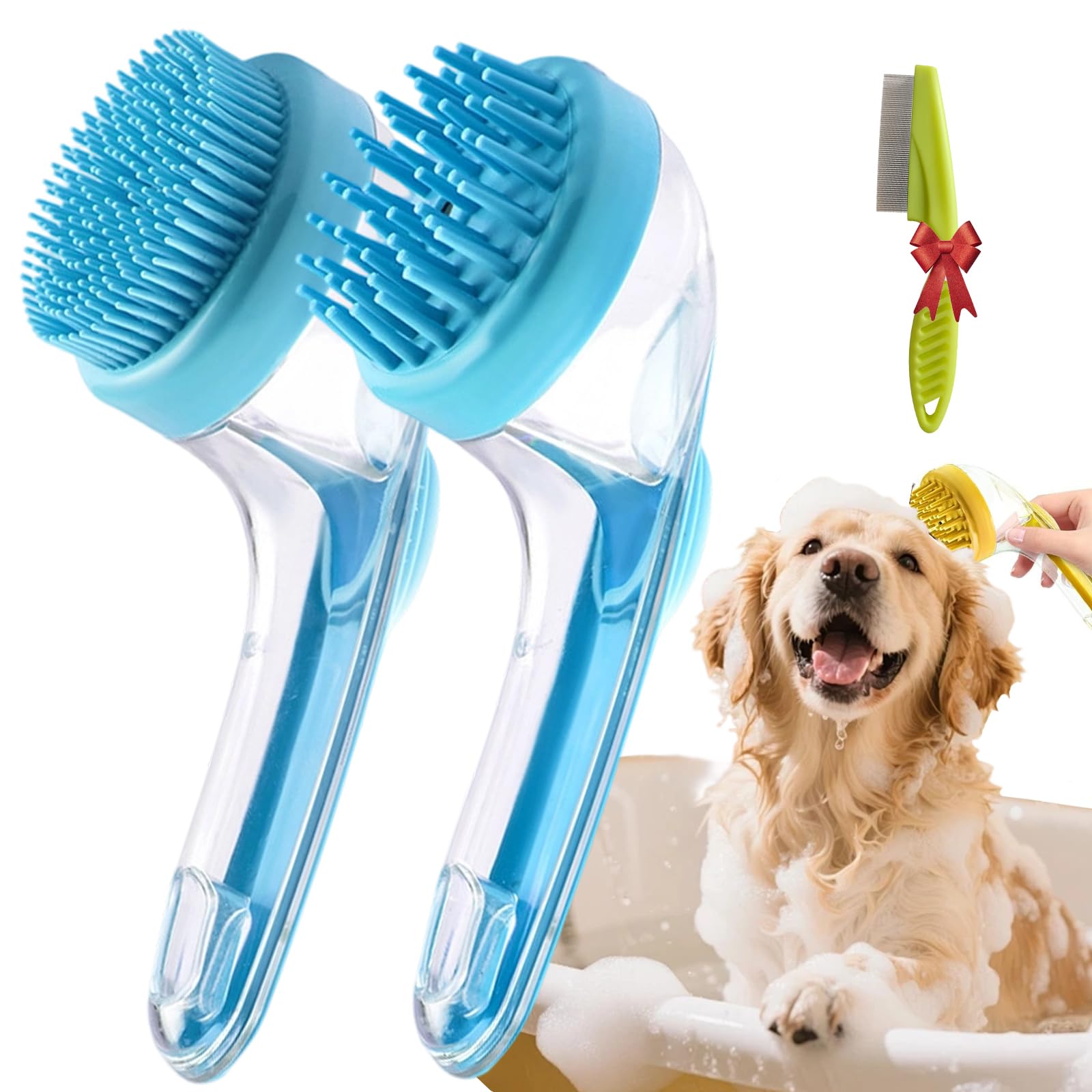 Pet Bath Brush with Shampoo Dispenser, 5 in 1 Dog Grooming Brush for Dog & Cat, Silicone Grooming Scrubber for Bathing, Easy Pet Washing Tool | Hair Removal & Deep Cleaning (Blue, Set)