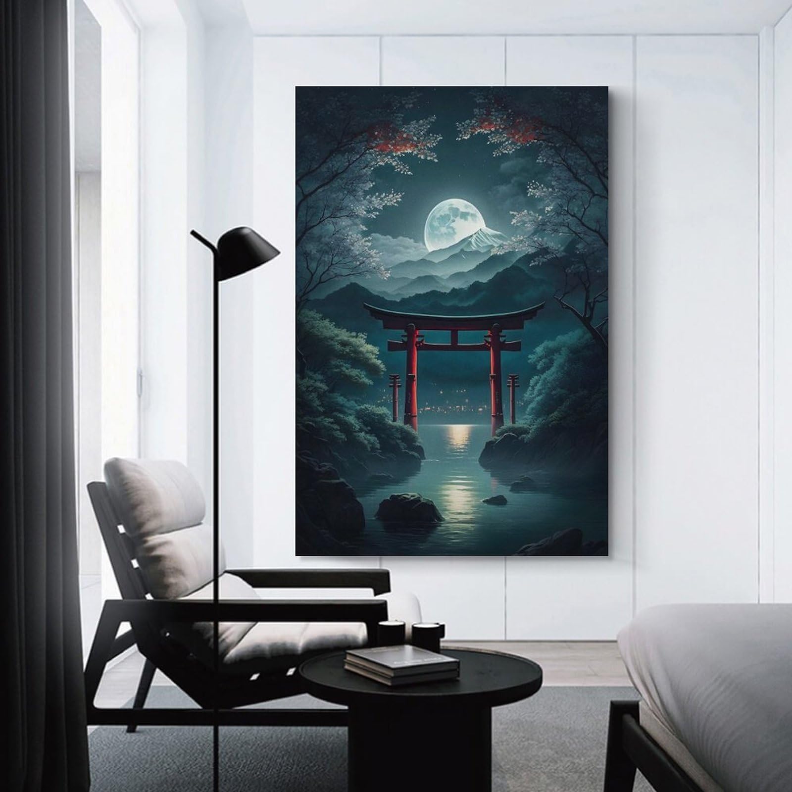 Junmoney Moonlight In Torii Gate Gr Room Decor Wall Art, 20x30inch(50x75cm), for Home Office, Desk Area Or Studio, An Interior Accent for Desk Areas
