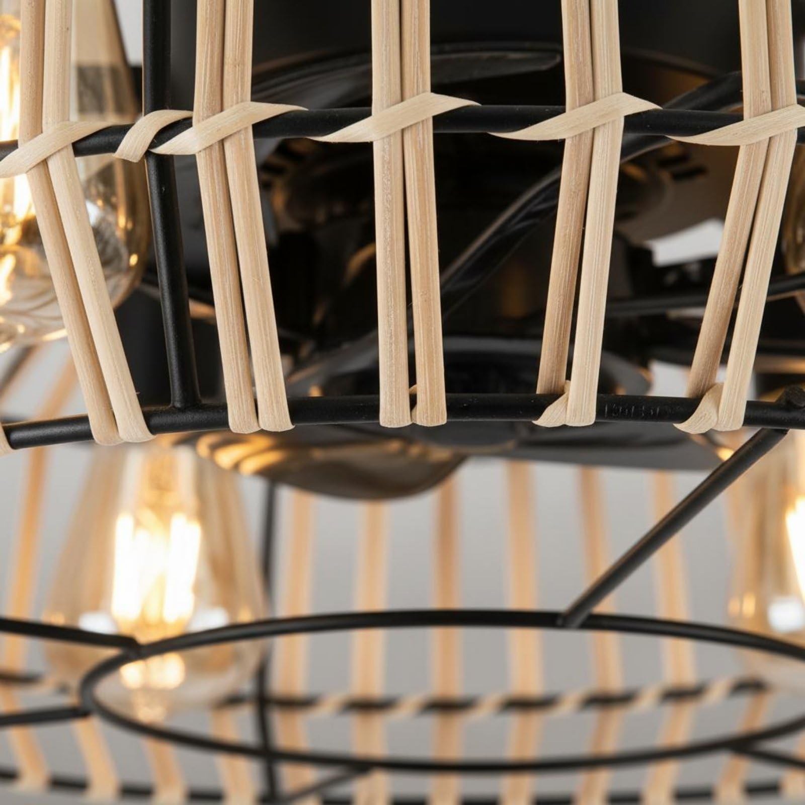 Baoblaze Ventilador de Techo Vintage Ventilador con Lámpara Empotrado Rattan Sombrado Artesanal en Hierro y con Cuerda de Cáñamo, Industrial Con Estructura De Metal Negro Y Detalles De Cuerda Blanca
