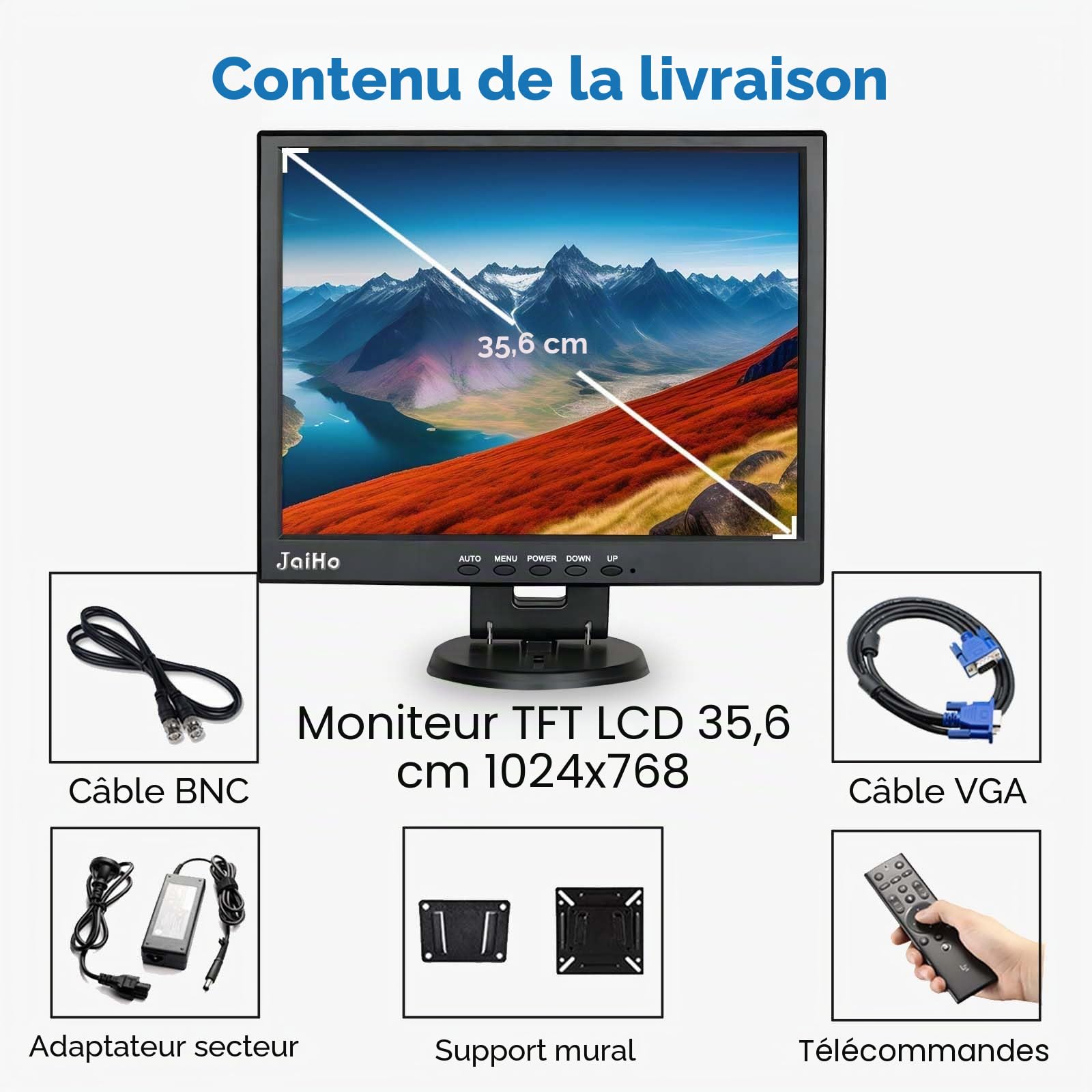 JaiHo Écran 14 Pouces Moniteur HDMI 1024x768 4:3 Couleur Ecran LCD Sécurité Moniteur, Mini Écran avec VGA/HDMI/AV/BNC pour PC CCTV Vidéo Systeme de Camera Ordinateur, VESA