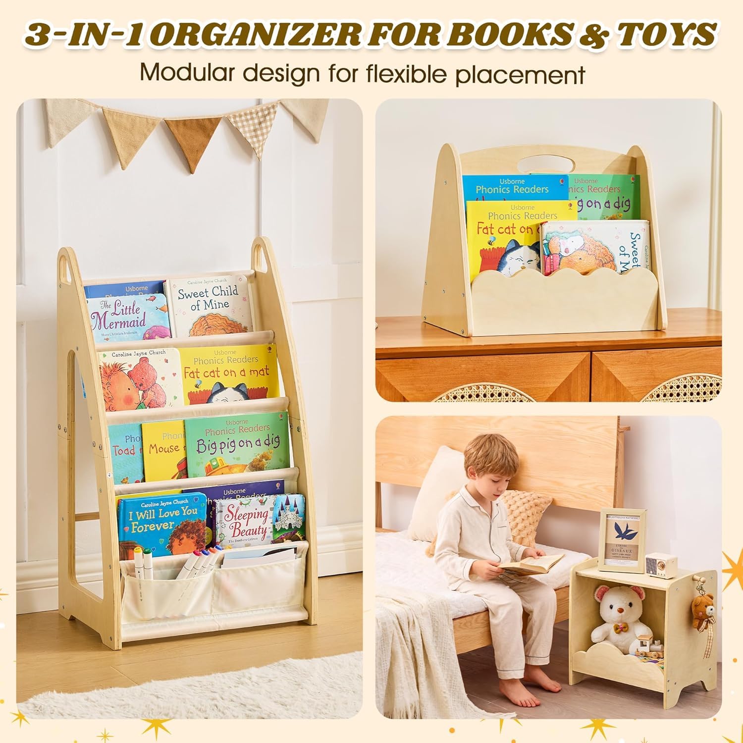 Jolitac 3tlg Kinder Bücherregal, Kinderzimmer Spielzeugregal aus Holz, Spielzeug Organizer Regal Aufbewahrung für Kindergarten, Spielzimmer
