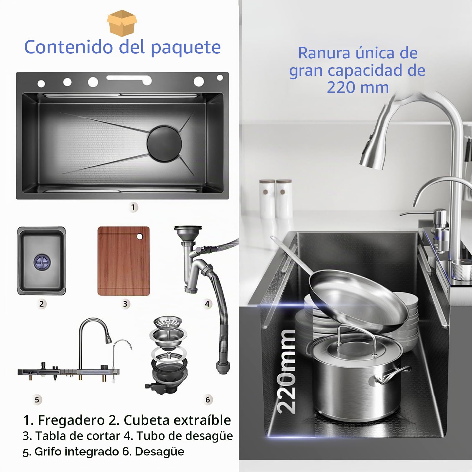 Fregadero de cocina de acero inoxidable multifunción de 80 x 50 cm – 2 cascada fregadero de agua, grifo extraíble, gran lavabo de cocina, con dispensador de jabón, con accesorios para