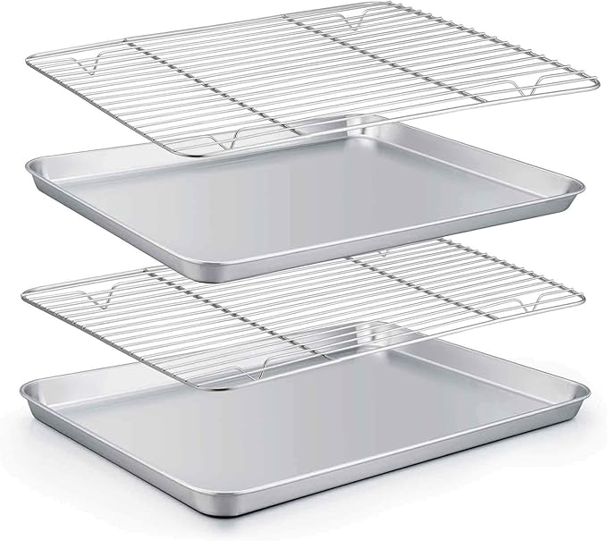 TeamFar Baking Sheet with Rack Set (2 Pans + 2 Racks), Stainless Steel Baking Pan Cookie Sheet for baking, Non Toxic & Healthy, Easy Clean & Dishwasher Safe - 4 Pack