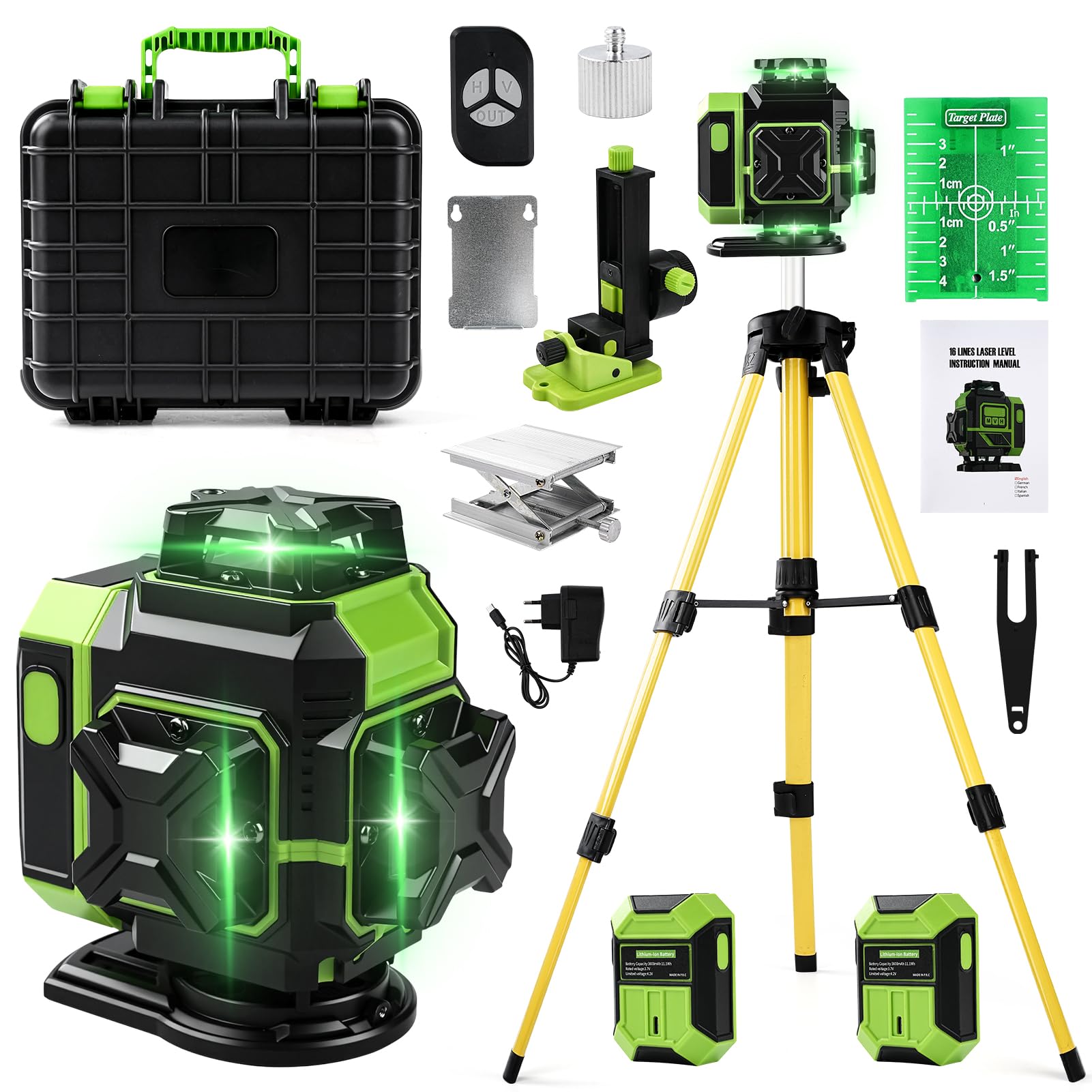 Self-Leveling Laser Level 4 x 360° with Tripode, 4D 16 Green Laser Lines, Pulse Mode, 2x360 H and 2x360 V, 2 x Battery, Wall Mount, Remote Control, Magnetic Base, Swivel Stand (Green)