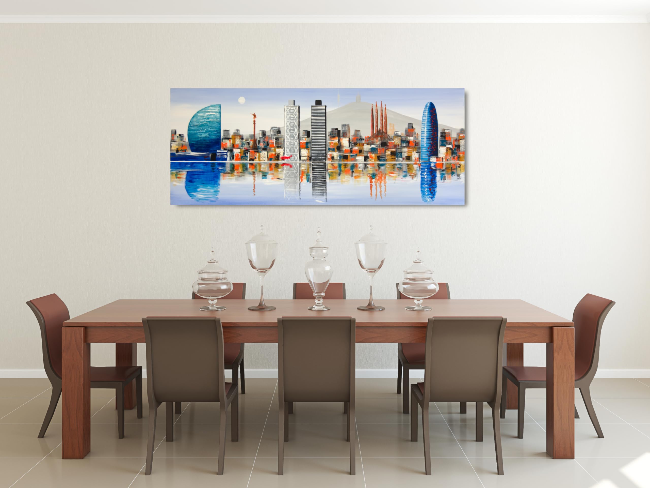 Cuadro Pintado Skyline de Barcelona Azul 150x60 cm, Torre Agbar, Colón, Tibidabo, Sagrada Familia...100% Original sobre lienzo, listo para colgar, pintado a mano, firmado por el artista