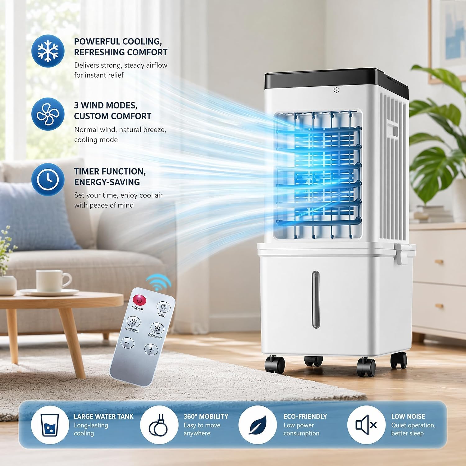 Condizionatore Portatile Senza Tubi, Ventilatore Con Telecomando 3 Velocità | Timer Integrato E Design Compatto, Ideale Per Camera Da Letto, Garage E Piccoli Ambienti
