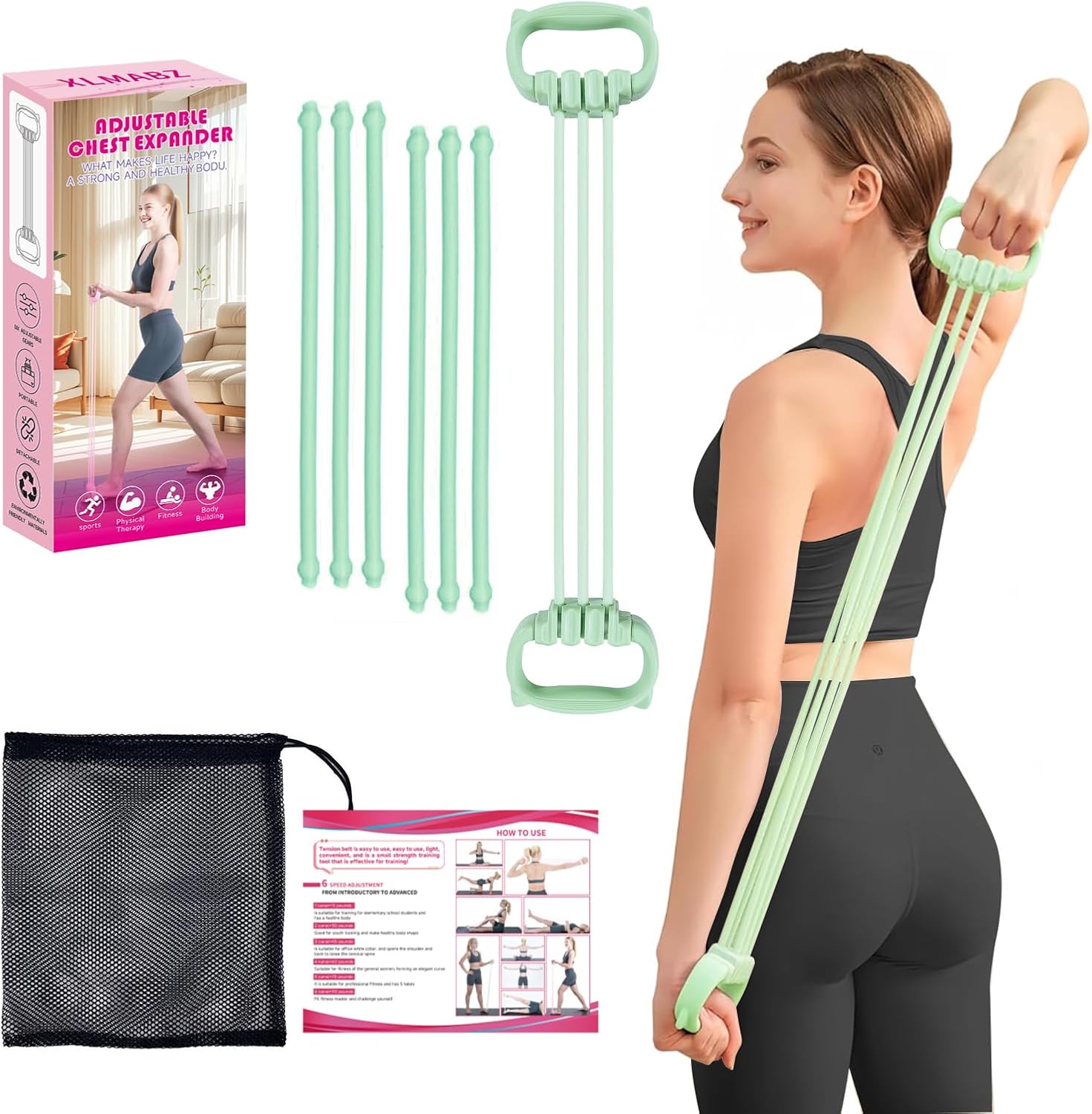 6 Gear Adjustable Resistance Bands, Fitness Resistance Bands Exercise Bands with Comfort Grips, Unisex, for Arms, Chest Extender, Home Workout, Fitness, Pilates
