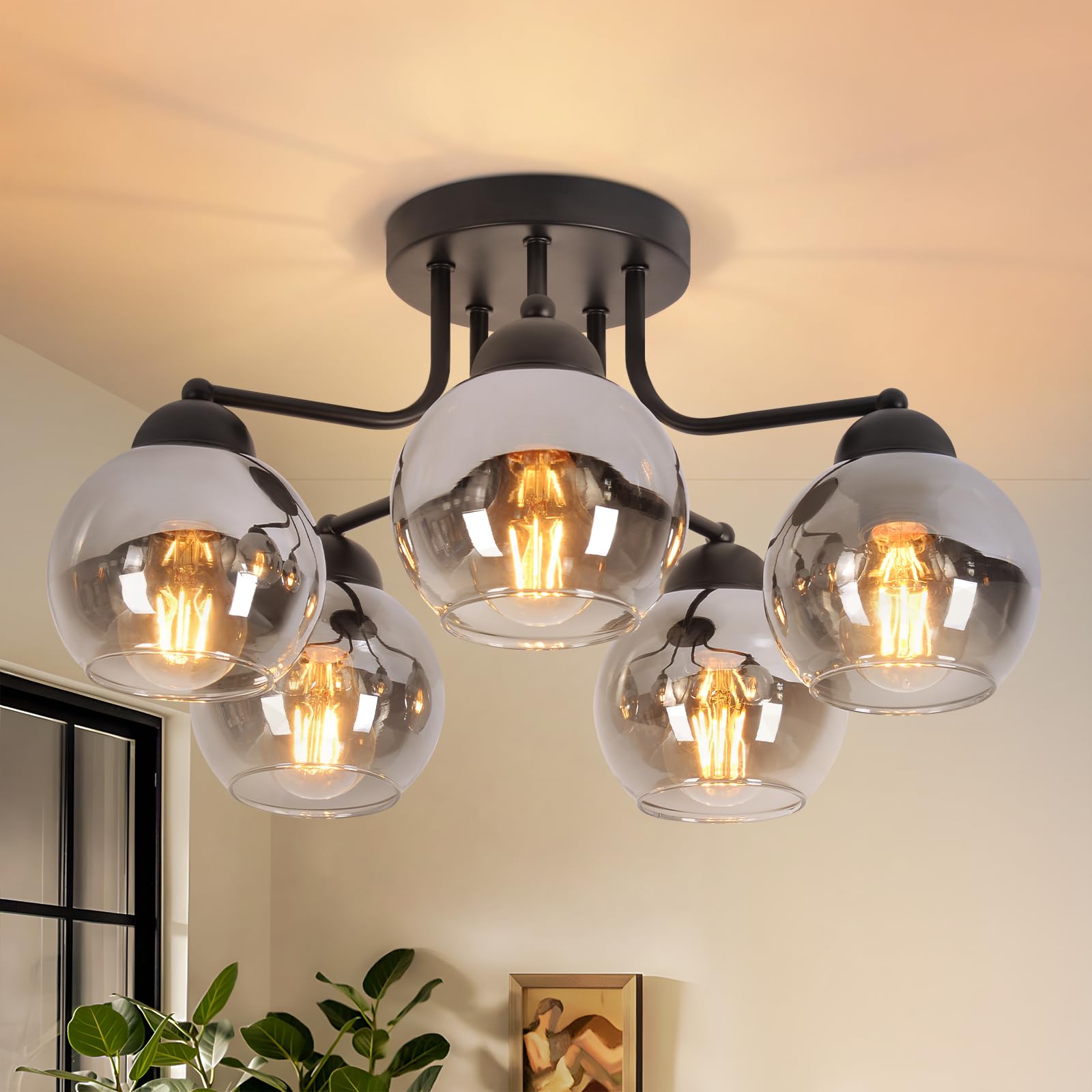 Kowanie Deckenlampe Glas Deckenleuchte Wohnzimmer Vintage: Schwarz Wohnzimmerlampe 5 flammig Rauchgrau aus Metall Industrial E27 Retro Küchenlampe decke für Schlafzimmer Küche - Ohne Leuchtmittel