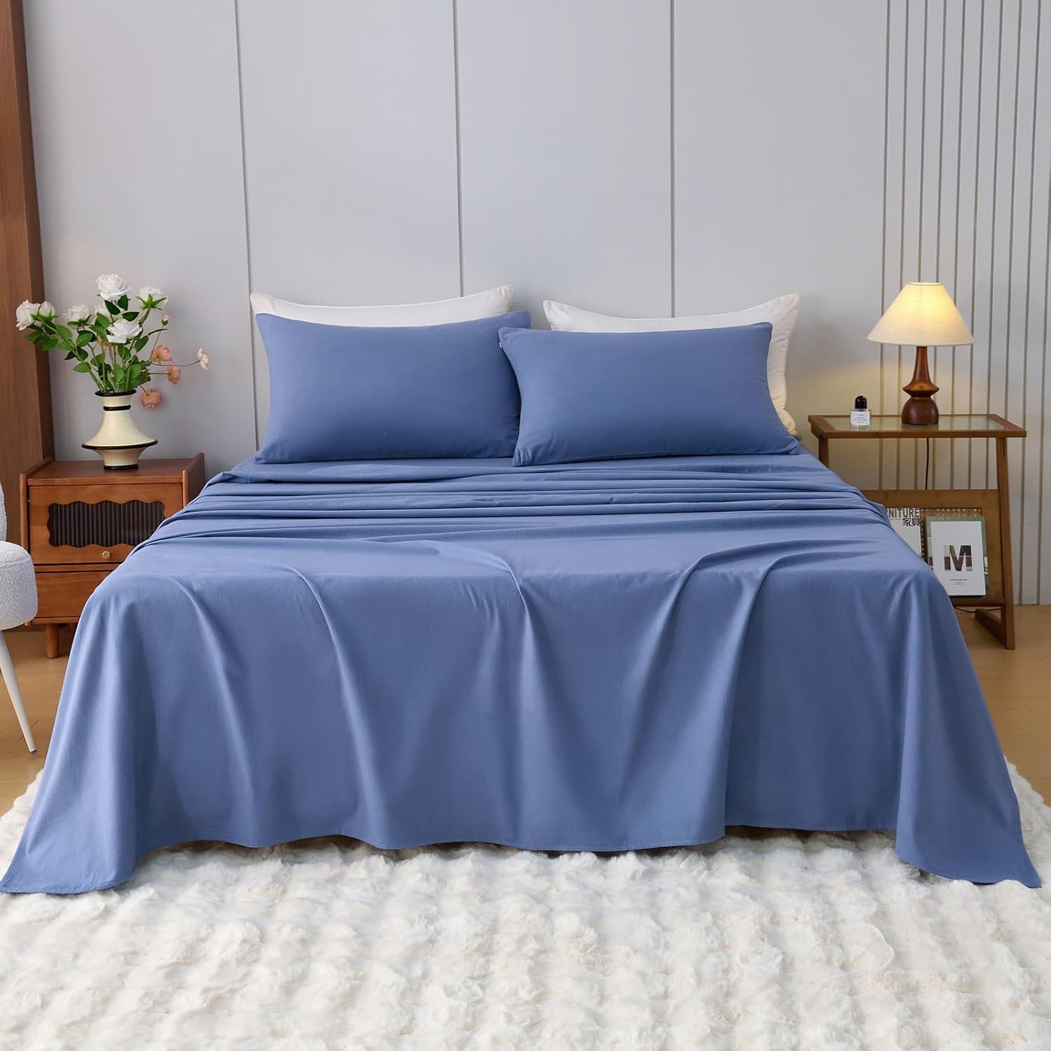 100% Cotton Flannel Sheets, Ultra Soft Cozy Warm Bed Sheets Set for All Season, 16" Deep Pocket, 4PC, Queen, Denim Blue