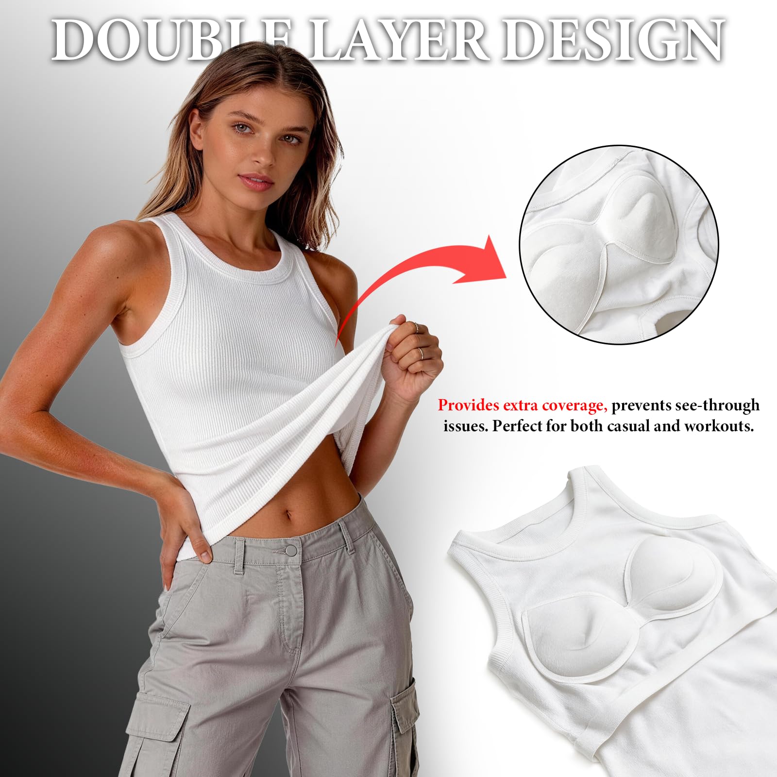 Tank Top Damen mit Integriertem BH, Geripptes Ärmelloses Top mit Rundhals, Weiches Stretch Sommer Oberteil Basic Shirt
