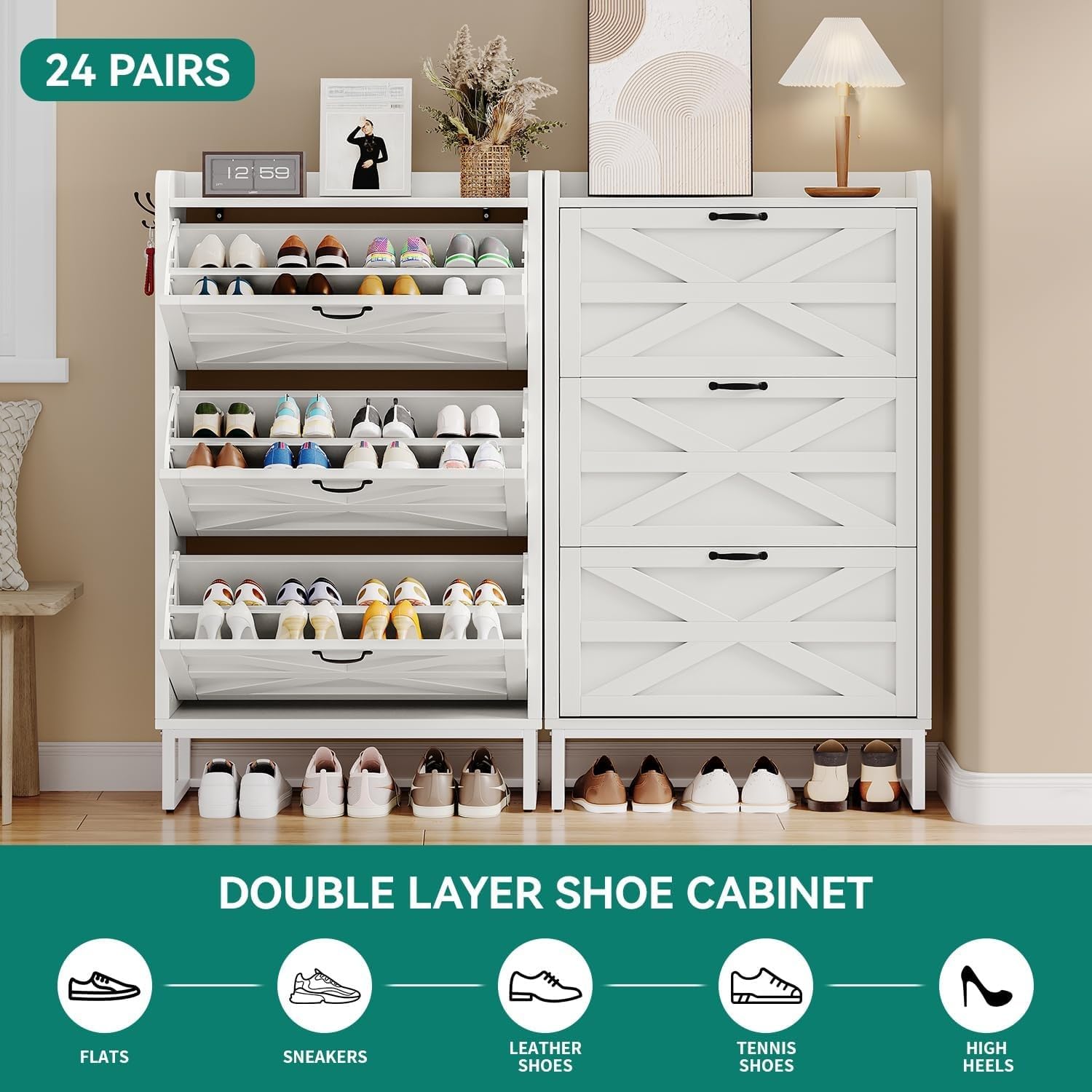 Close-up view of the adjustable shelves inside a flip drawer of the shoe cabinet, showing how panels can be moved to fit various shoe heights.