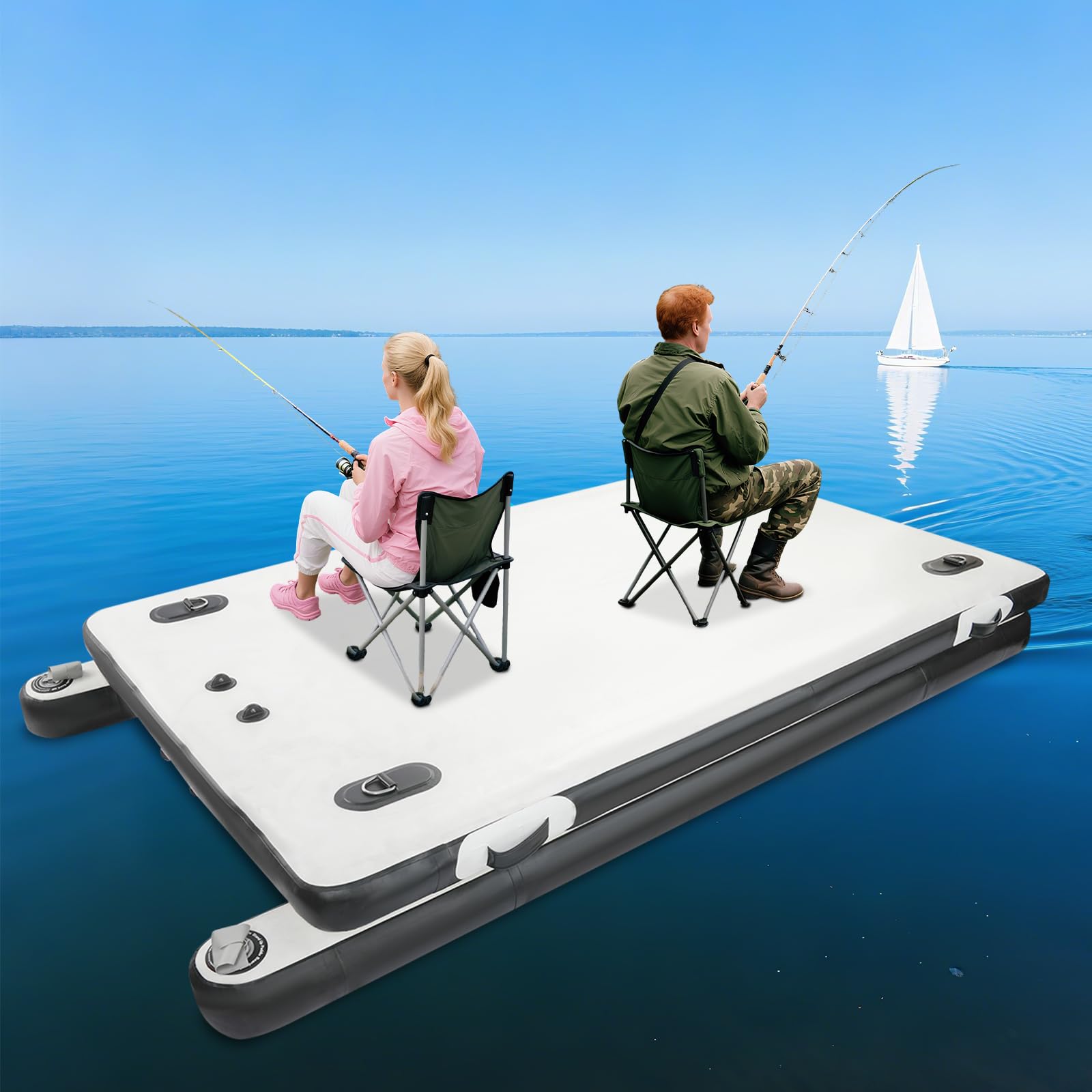 Piattaforma galleggiante gonfiabile, portata 400 kg, barca da pesca gonfiabile, con pompa ad aria a doppia azione, con fuoribordo per pesca, lago, piscina (250 x 160 x 15 cm)