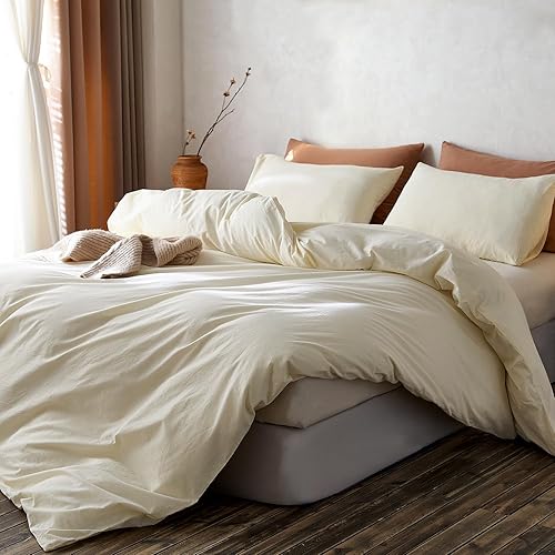 Miniatura 2 de TOCOMOA Juego de funda de edredón tamaño Queen, 100% algodón lavado con textura de lino, juego de ropa de cama de 3 piezas color crema, suave y