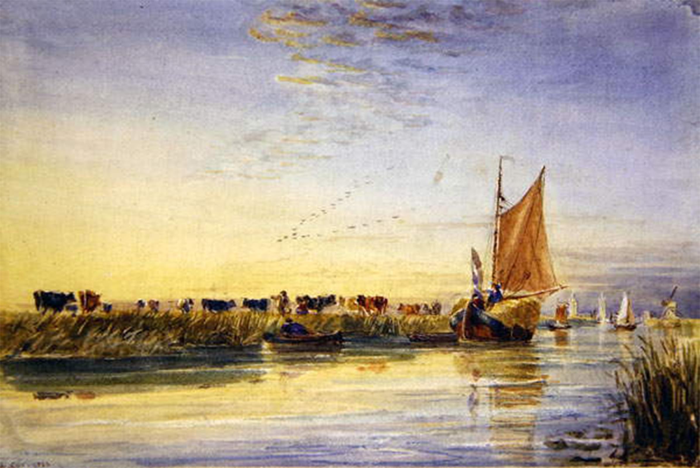 SERENDIPITP Abstract Painting Mural Print Picture Wall Decor Painting Hay Barges on the Scheldt by David Cox Vintage Wall Artwork for Home Decor 60x90cm