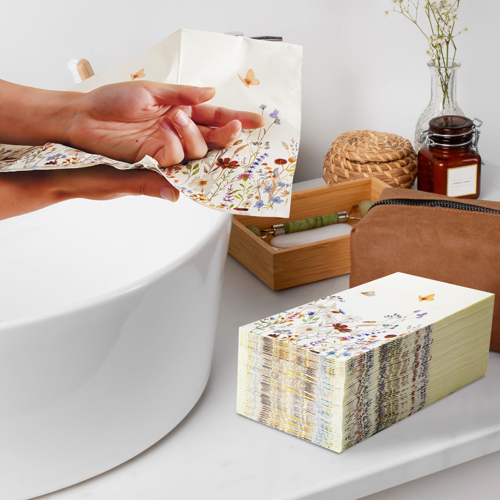 Hunanyume 100 servilletas vintage de flores silvestres con acuarela floral, servilletas de papel de 3 capas, toallas de mano desechables para baño, boda, baby shower, fiesta de cumpleaños