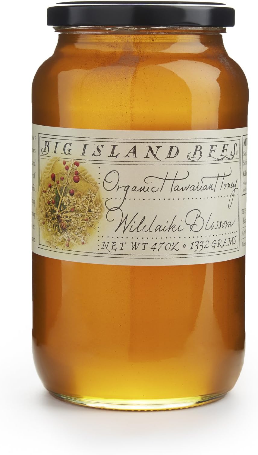 Organic Wilelaiki (Hawaiian Christmas Berry) Raw Honey, Single Floral Variety by Big Island Bees (Large 47 oz Glass Jar)