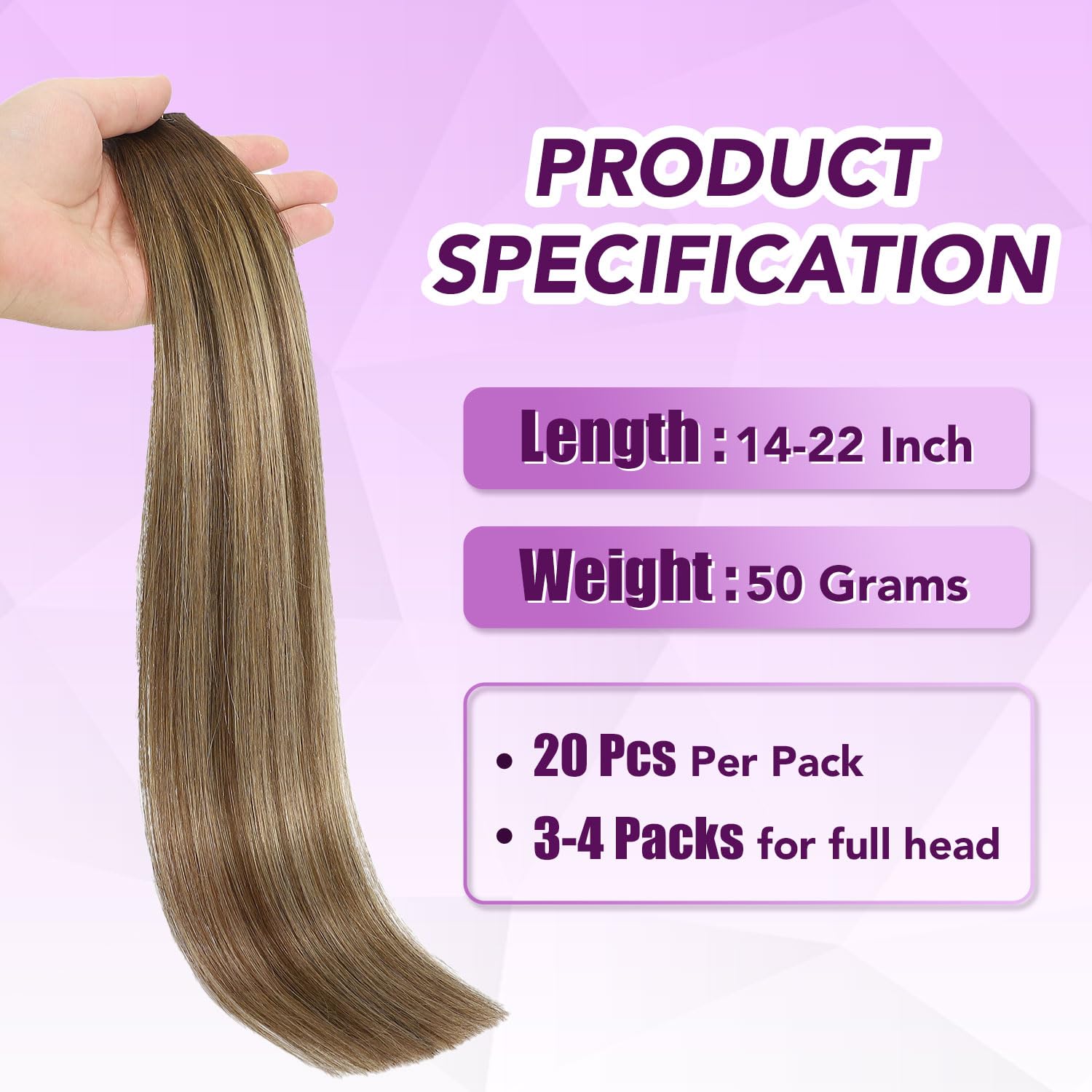 Sindra 22 Inch Tape in Hair Extension Human Hair 20Pcs 50g Balayage Chocolate Brown to Caramel Blonde Seamless Tape in Hair Extensions #4/27/4 22" - Image 2