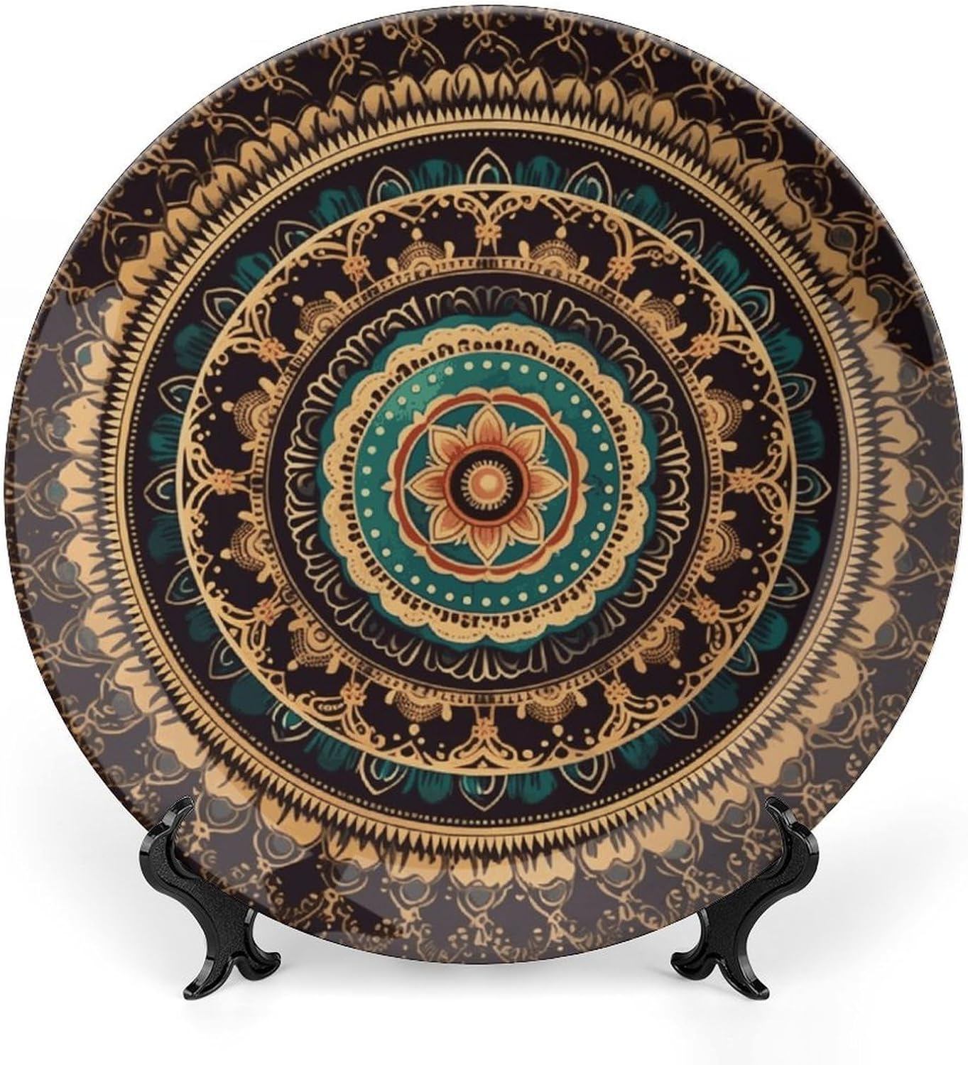 Mandala Decorative Plates for Display Round Porcelain Plate Living Room Table Ceramic Hanging Decorative Plate Art Decor for Living Room Table with 1 Display Stand 8inch