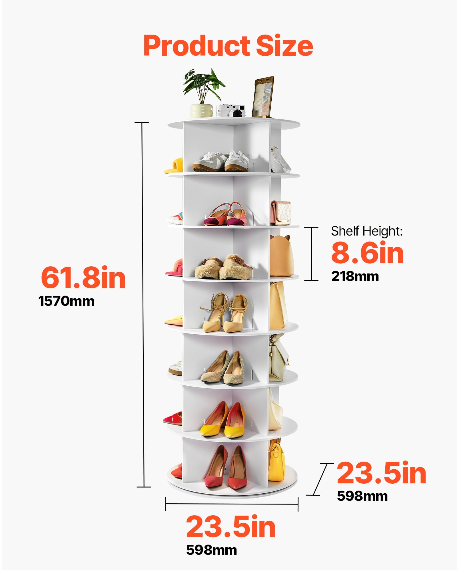 VEVOR Carosello Portascarpe Supporto Girevole a 360° con 598 x 598 x 1570 mm per 24 Paia di Scarpe 6 Ripiani, Salvaspazio, Scaffale per Scarpe per Camera da Letto, Soggiorno, Ingresso, Bianco