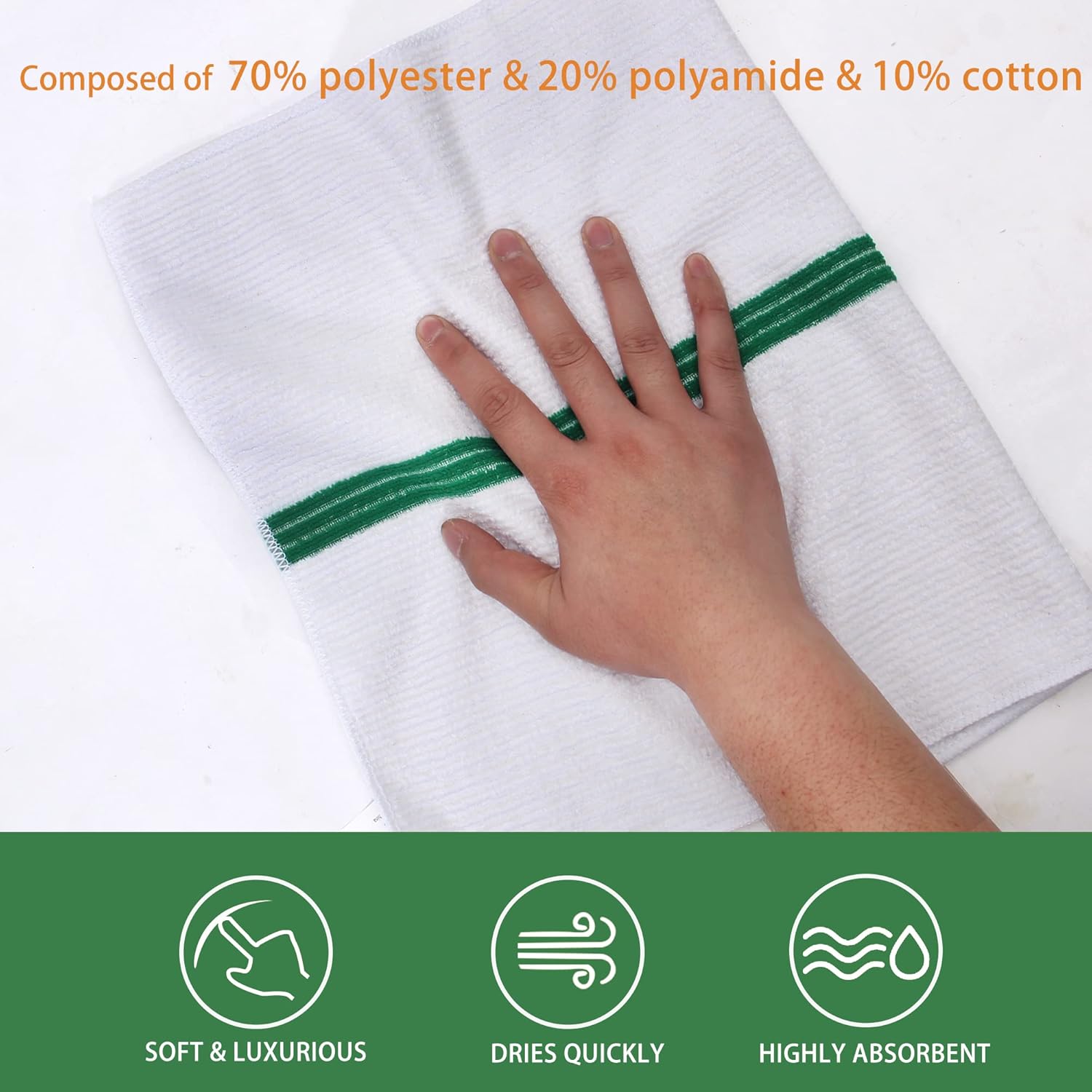 Premium 24 Pack White with Green Stripe Bar Mop Microfiber Towels for Home, Kitchen, Restaurant Cleaning (White/Green Stripe, 14inx18in)