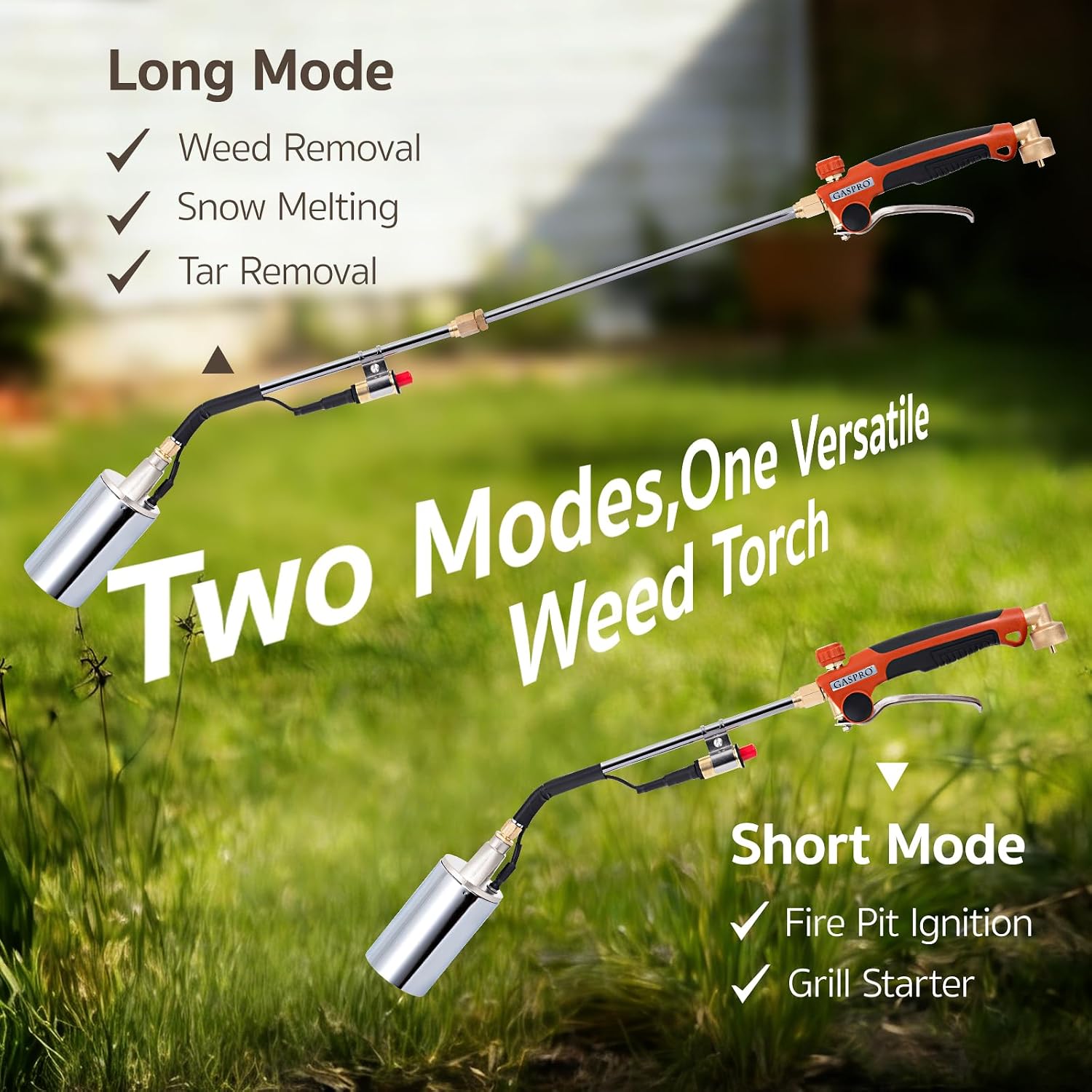 GASPRO Propane Torch Weed Burner Kit,High Output Weed Torch Flamethrower with 12.5FT Hose Detachable Long Arm Heavy Duty Blow Torch with Long/Short Mode for Garden,Melting Ice & Snow BBQ（Orange）