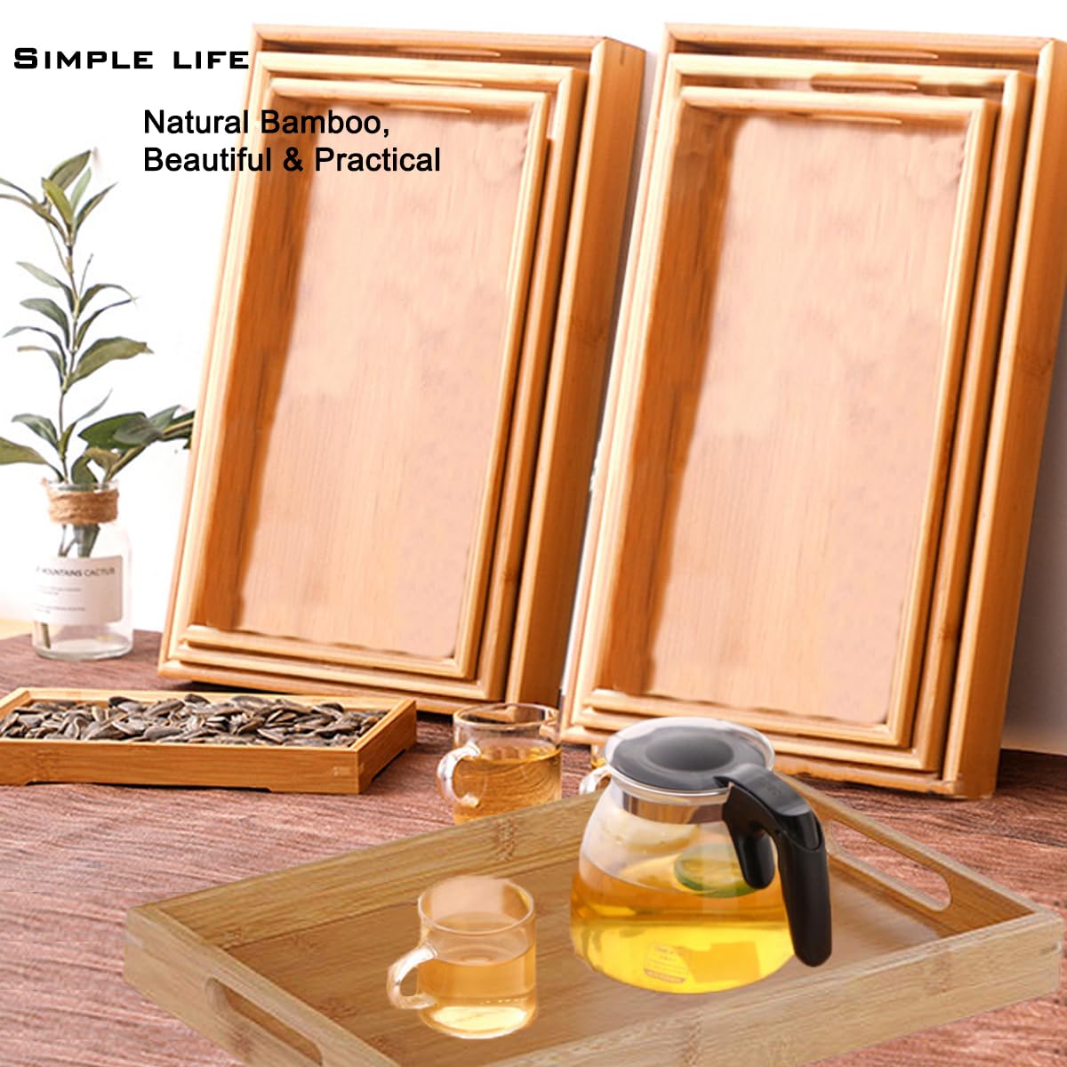 Bandeja de madera maciza, cuadrada antideslizante, para té, café, aperitivos, bandeja para servir con bordes elevados, bandejas de madera de 3 tamaños, bandejas decorativas para fiestas, servir