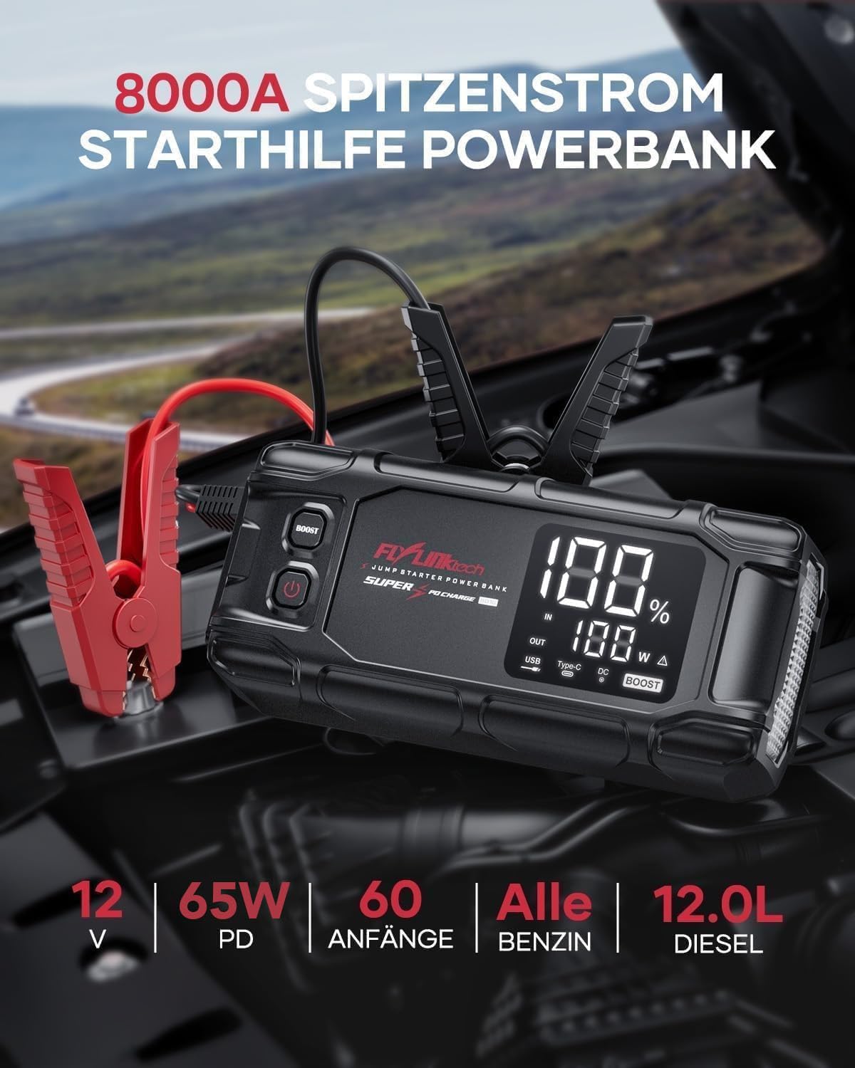 FLYLINKTECH 8000A Auto Starthilfe Powerbank für Pkw für 12V Fahrzeuge | 26800mAh/99.16Wh Starter Powerbank, PD65W USB-C In/Out Schnellladung, 15V/10A DC Ausgang, 3-Modi LED-Licht, LCD-Display