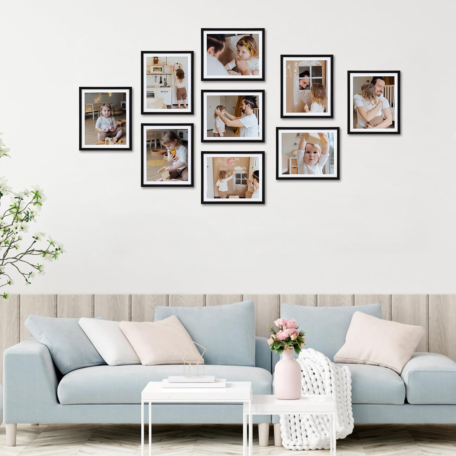 Lavezee 9x11 Black Picture Frame Set of 10, Bulk Collage Frames for Photos 8x10 with Mat or 9x11 without Mat, Table Top and Wall Mounting Decor
