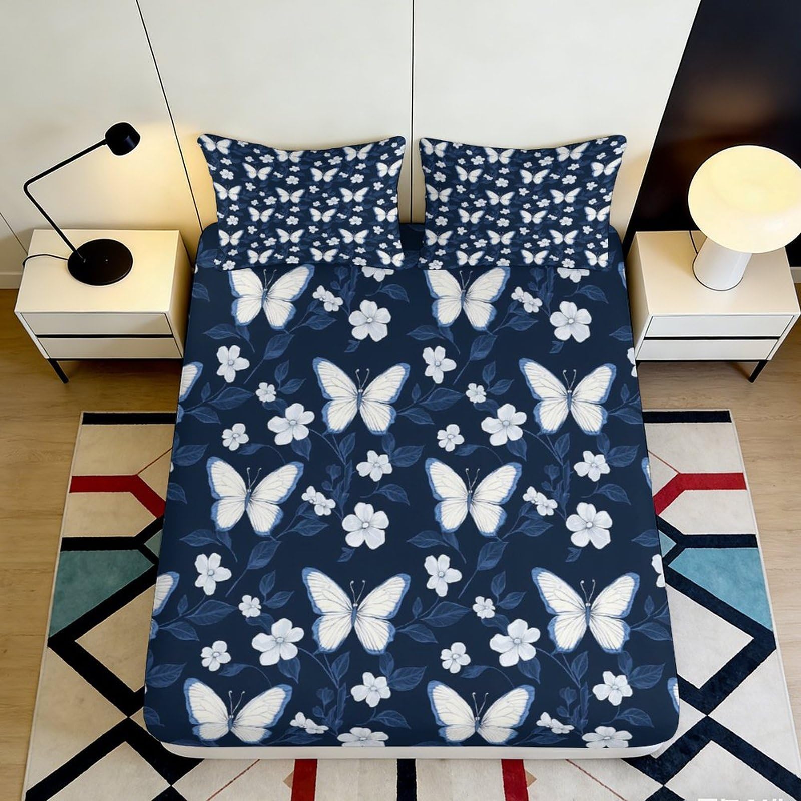 3D Printed Butterfly Fitted Sheet Microfiber Deep Pocket Bedroom Bedding Butterfly Mattress Fitted Cover Non-Slip for Adults Teenagers 90x200x25cm