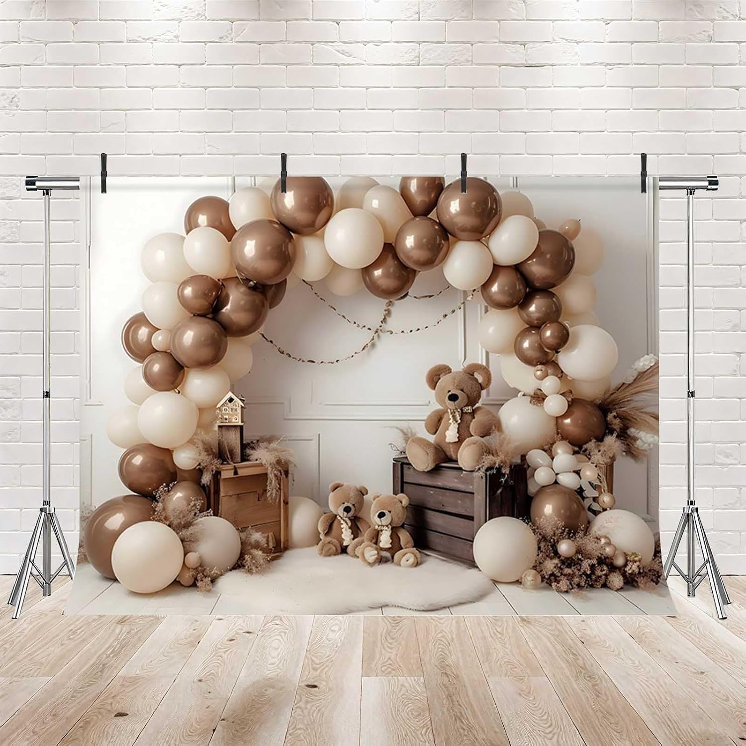 MEHOFOND Chłopcy brązowy niedźwiedź urodzinowy tło do fotografii bohema brązowy balon zabawka niedźwiedź pampasowy portret tło baby shower ciasto rozbić przyjęcie urodzinowe dekoracja baner rekwizyty