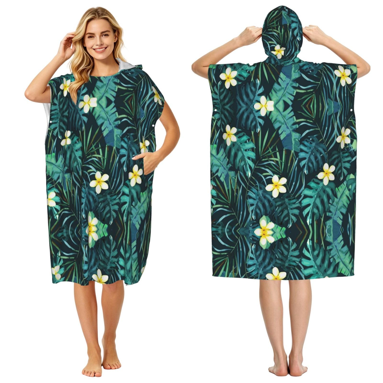 EZDLOWVBA Hawaiian Print Hooded Poncho Microfiber Beach Towel,Adult Women & Men Changing Robe,Lightweight Summer Surf Swim Bath Poncho Towel