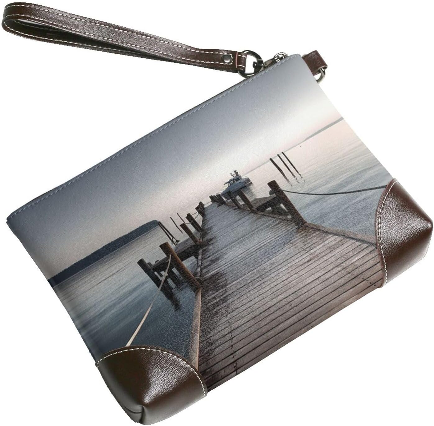 Leather Wristlet Wallet Clutch Purses For Women Ultra-Slim Ladies Handbags Credit Card Holder Long Pier Impassive Lake Clear Sky Wallet Purses Cell Phone Pouch Bag For Party And Prom, Beach Bag