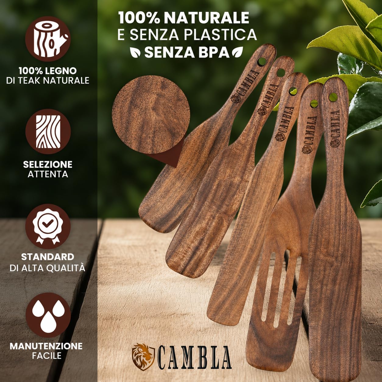 Spatole da cucina in legno - Set di 5 utensili da cucina in legno di teak, resistenti e antiaderenti, ideali per girare, spalmare, servire e mescolare.