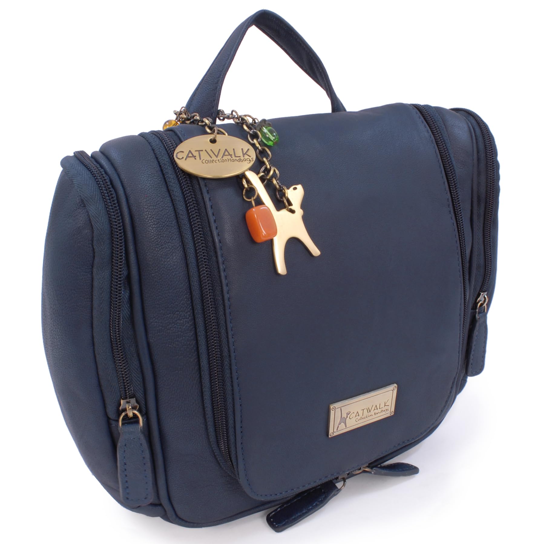 Catwalk Collection Handbags - Grande Neceser de Viaje de Piel - Bolso de Aseo Colgante - Bolso de Baño para Mujer - con Gancho - Maisie - Azul