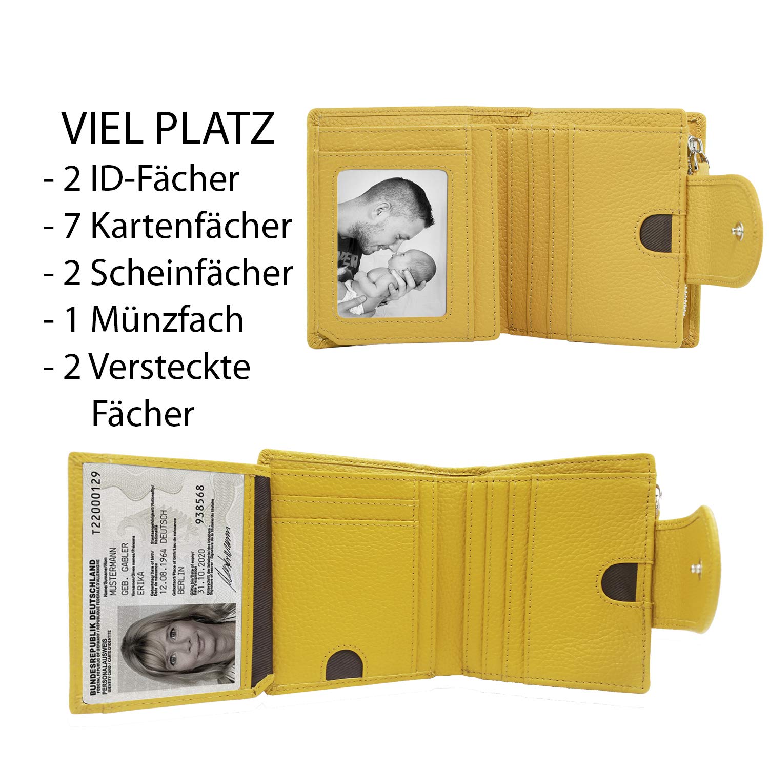 Rfid Geldbörse Damen mittelgroß, Leder, gelb, Reißverschluss, Portemonnaie, Geldbeutel, Portmonee, Damen-Geldbörsen Wallet For Women, Brieftasche, Wiener Schachtel, Geldtasche, Portmonaise