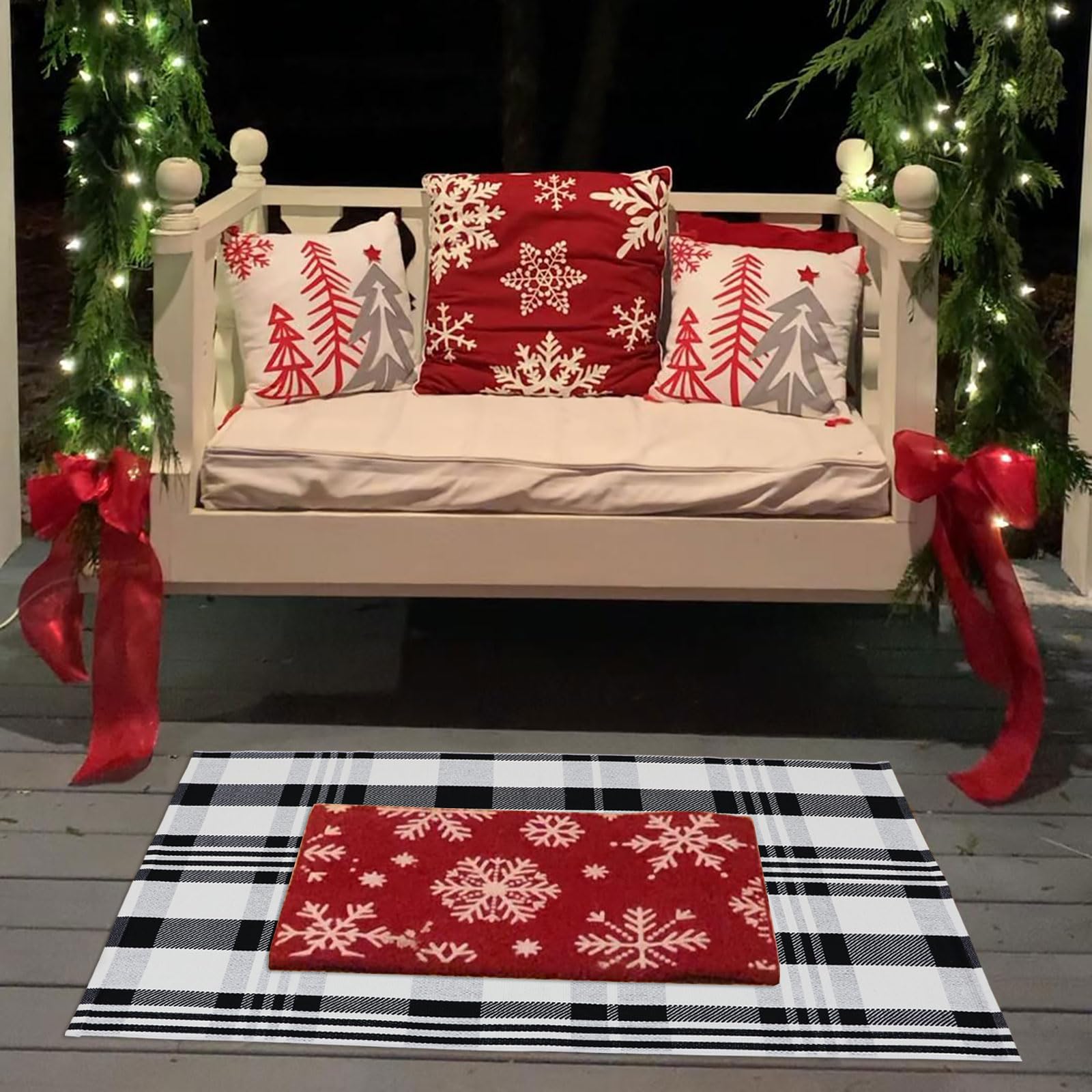 Alfombra de Navidad a cuadros para exteriores, 27.5 x 43 pulgadas, alfombra de área para interiores y exteriores, alfombra de capas para felpudo de saludo/bienvenida, lavable a máquina, alfombra