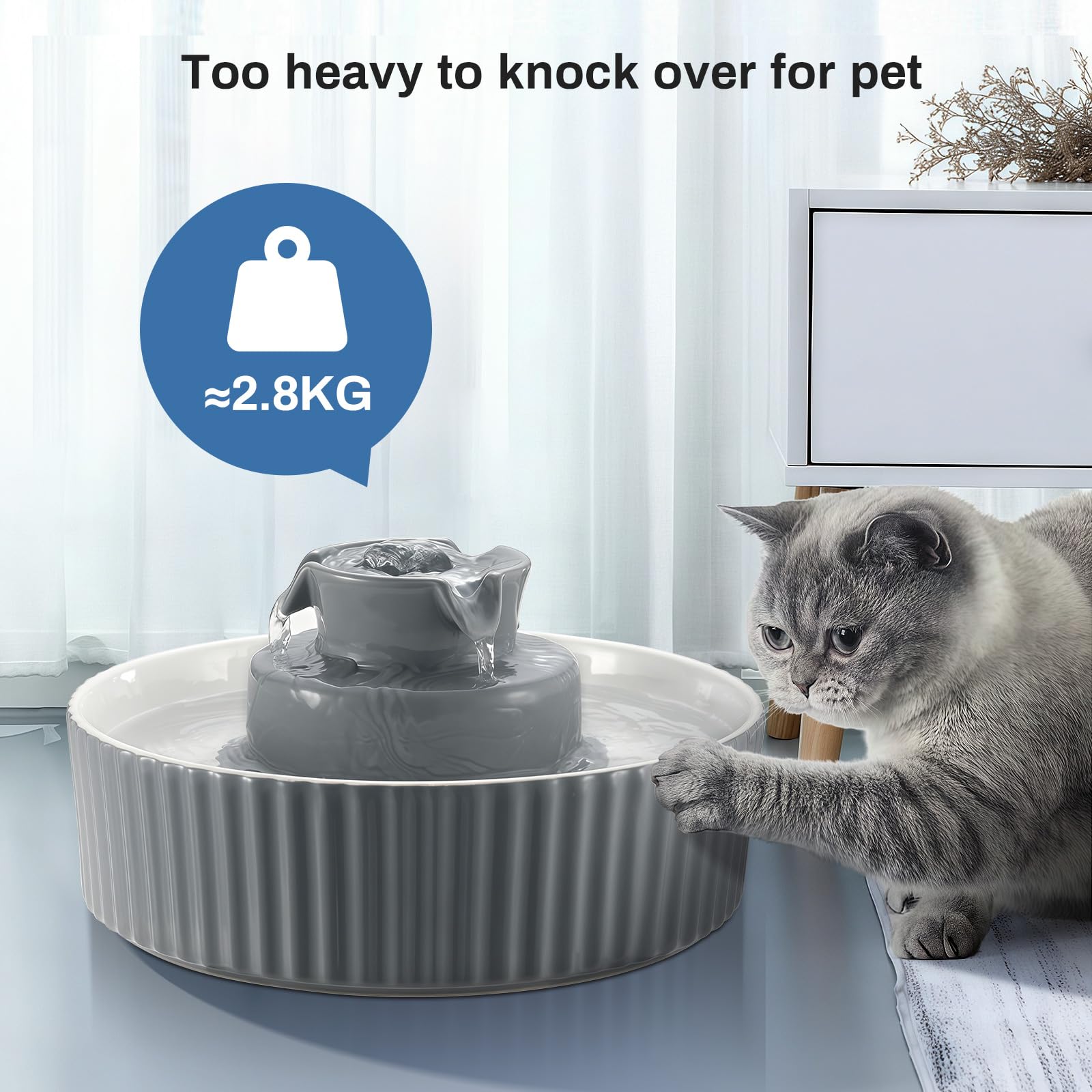 Fuente de cerámica para gatos, VinDox 2,1 L, fuente para gatos y perros, fuente de porcelana, dispensador de agua para gatos con filtro de repuesto y espuma bomba inteligente (gris)