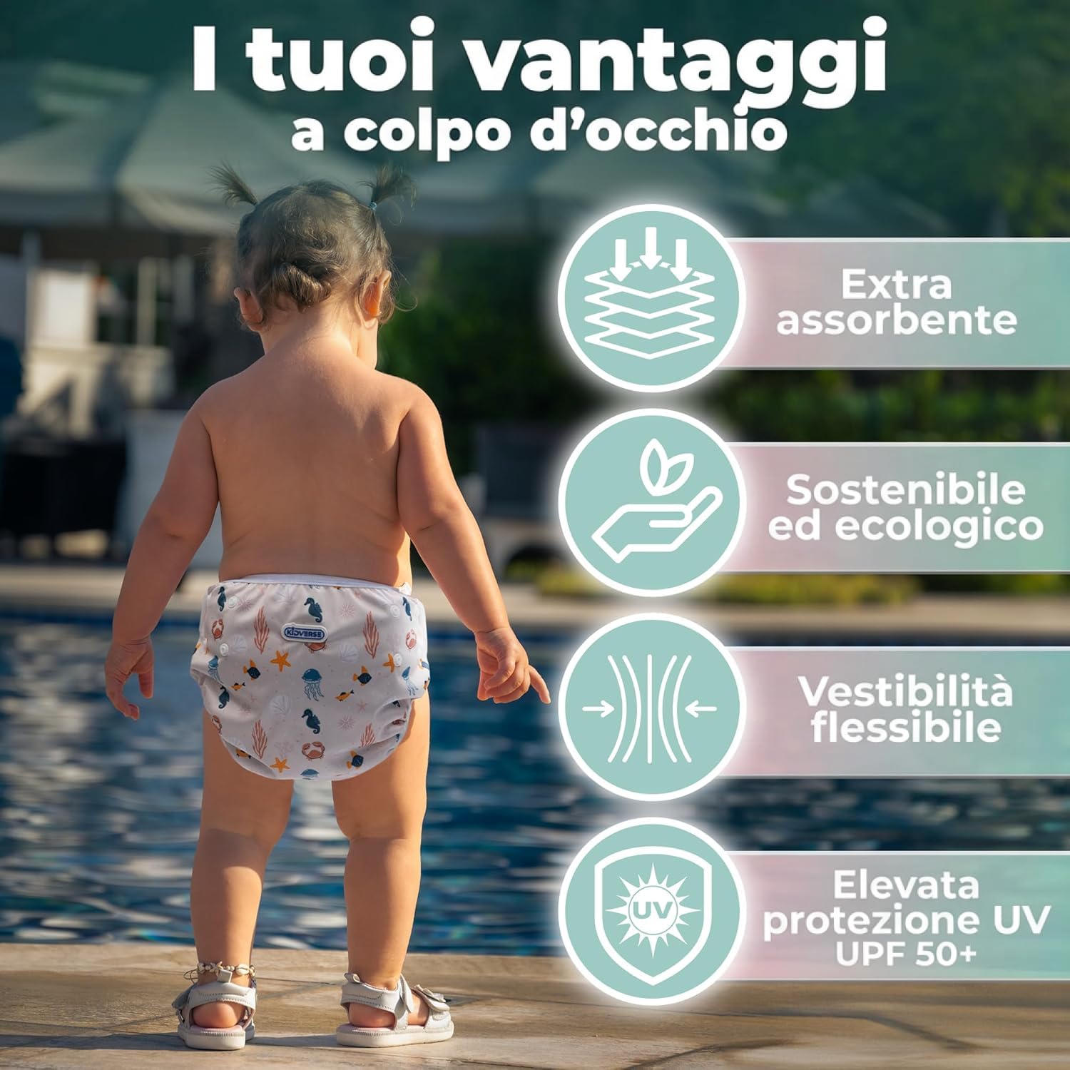 KIDVERSE pannolini acquatici baby costume da bagno 0–3 anni – pannolino piscina neonato regolabile con borsa e rete per lavaggio