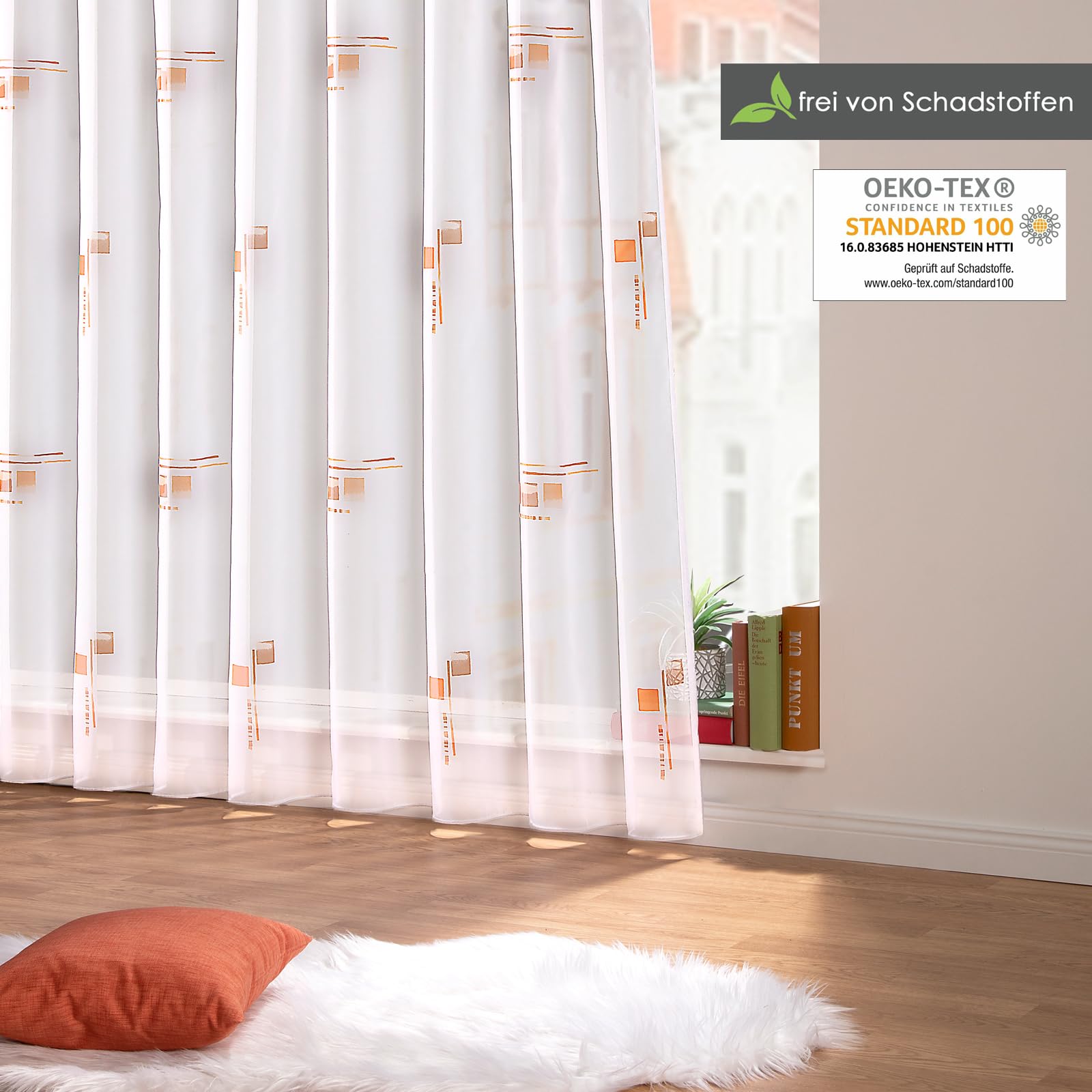 heimtexland ® Gardinen Store Voile Smokband Vorhang transparent Bleiband Fertiggardine Typ873 Orange HxB 175x500 cm