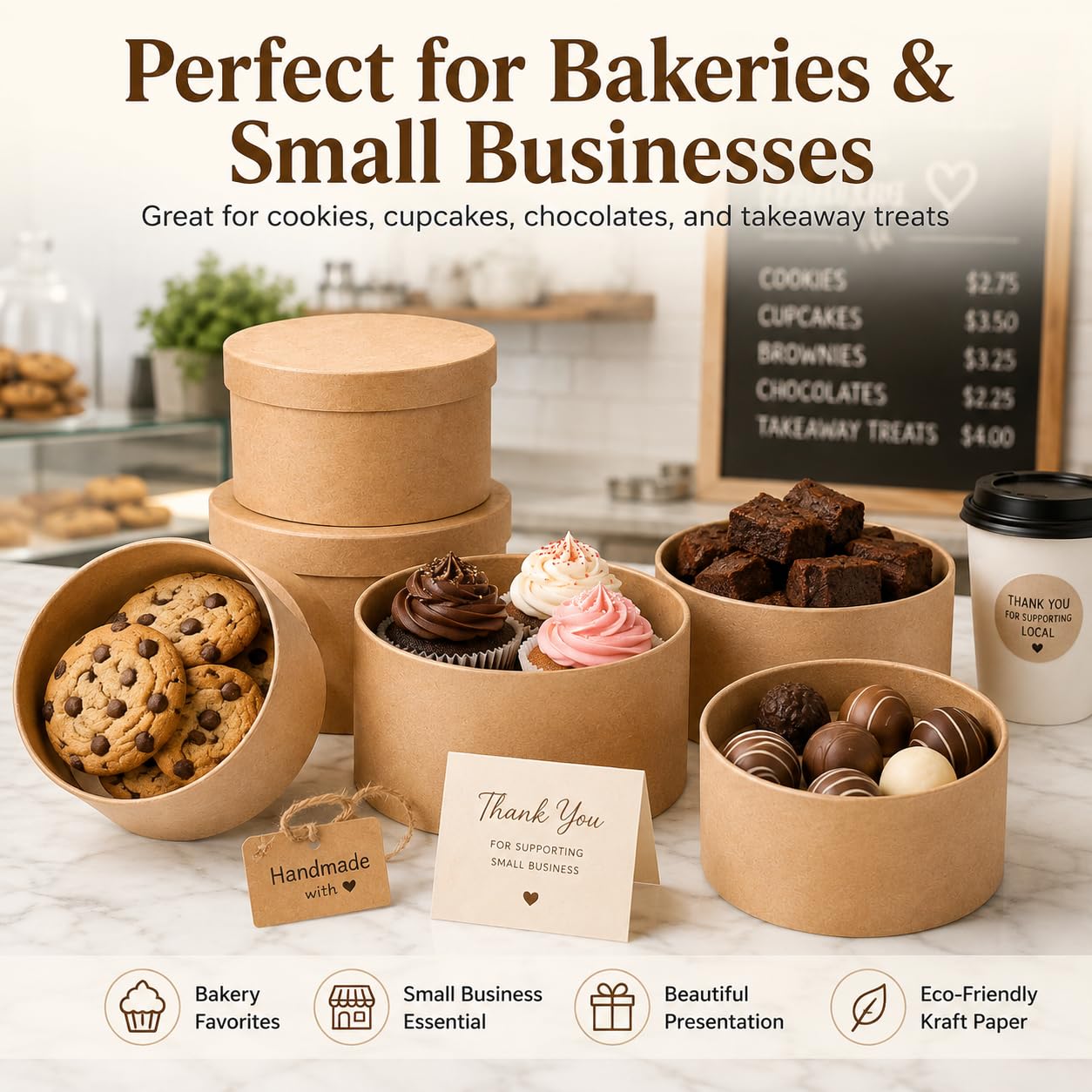 Paquete de 5 cajas redondas de papel kraft para galletas con tapas, contenedor circular de cartón de 5.5 pulgadas para embalaje de postres, soportes vacíos de papel maché para cupcakes, panadería