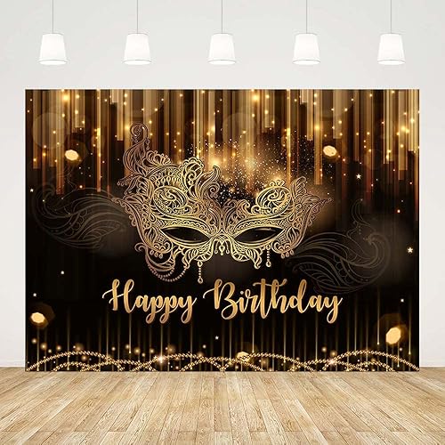 Miniatura 2 de Máscara de fondo de feliz cumpleaños de 7 x 5 pies, suministros de decoración de carnaval, cumpleaños, fiesta de baile, pancarta negra y dorada con