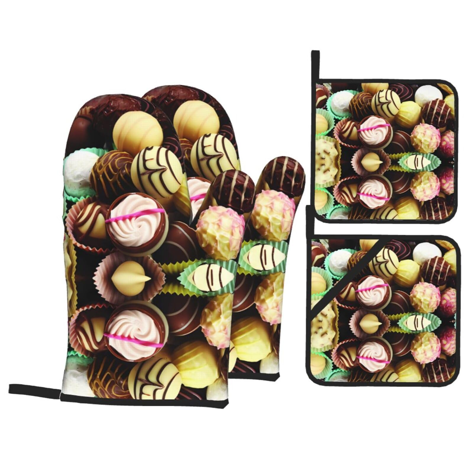 HJFCZH Chocolate Prints Kitchen Throw Set: Durable Oven Layers with Waterproof Polyester – 4 Piece Heat Protection System