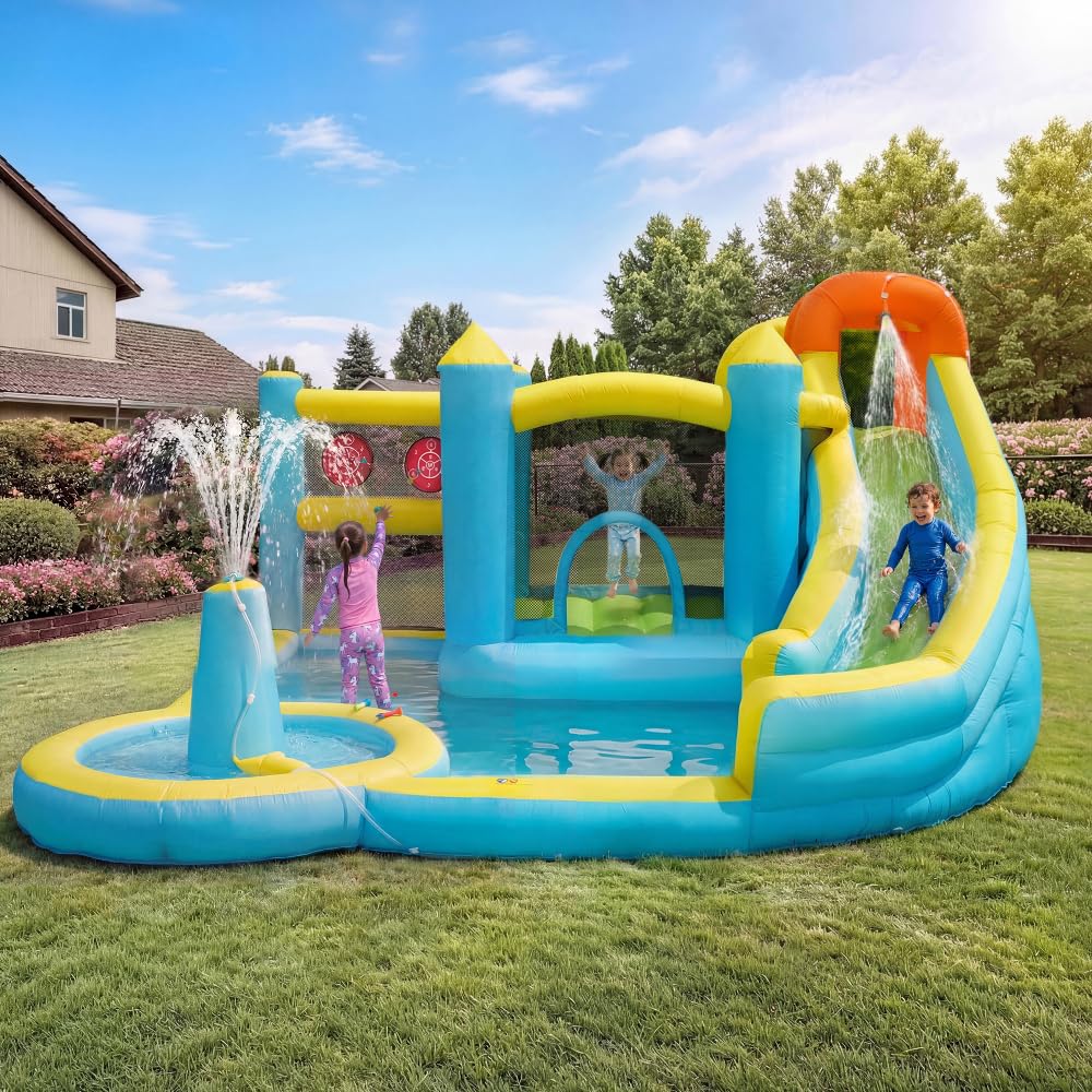 Hüpfburg, Parco acquatico con acquascivolo e piscina, gonfiabile, per giardino all'aperto, parco giochi acquatici con ventilatore, grande giocattolo gonfiabile per bambini (430 x 390 x 210 cm)
