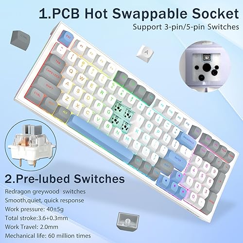 Miniatura 3 de Redragon K723 Teclado mecánico inalámbrico para juegos cremoso, Bluetooth2.4GUSB-C con cable, retroiluminación RGB, interruptores lineales