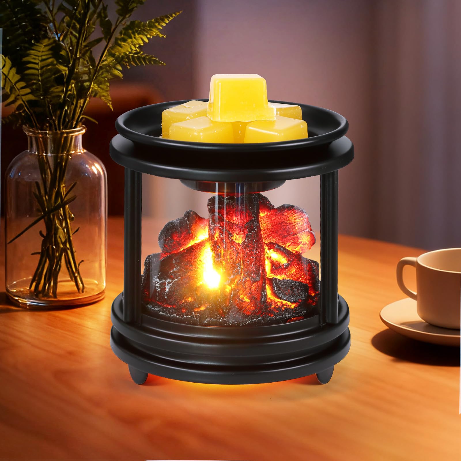 Wowlela Duftlampe Elektrisch, Elektrische Duftlampe für Wachs mit Lagerfeuer, 3 in 1 Elektrische Wachsduftlampe für Kerzen & Ätherische Öle, Aromalampe für Zuhause, Büro, Geschenke & Dekoration