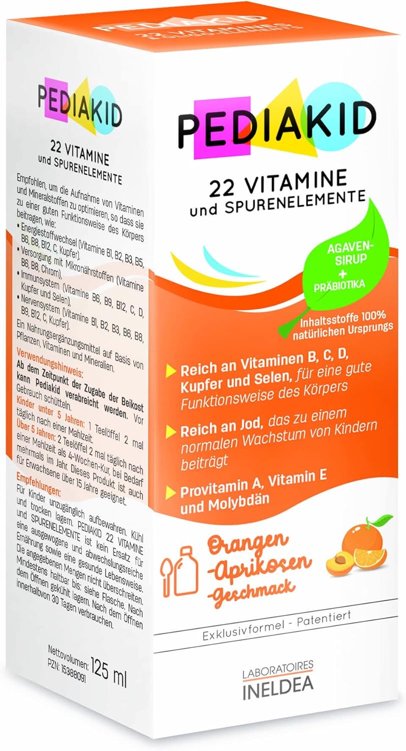 PEDIAKID – Natural Pediakid Food Supplement with 22 Vitamins and Trace Elements – Exclusive Agave Syrup Formula – Optimises Vitamins and Minerals – Apricot Orange Flavour – 125 ml Lacon