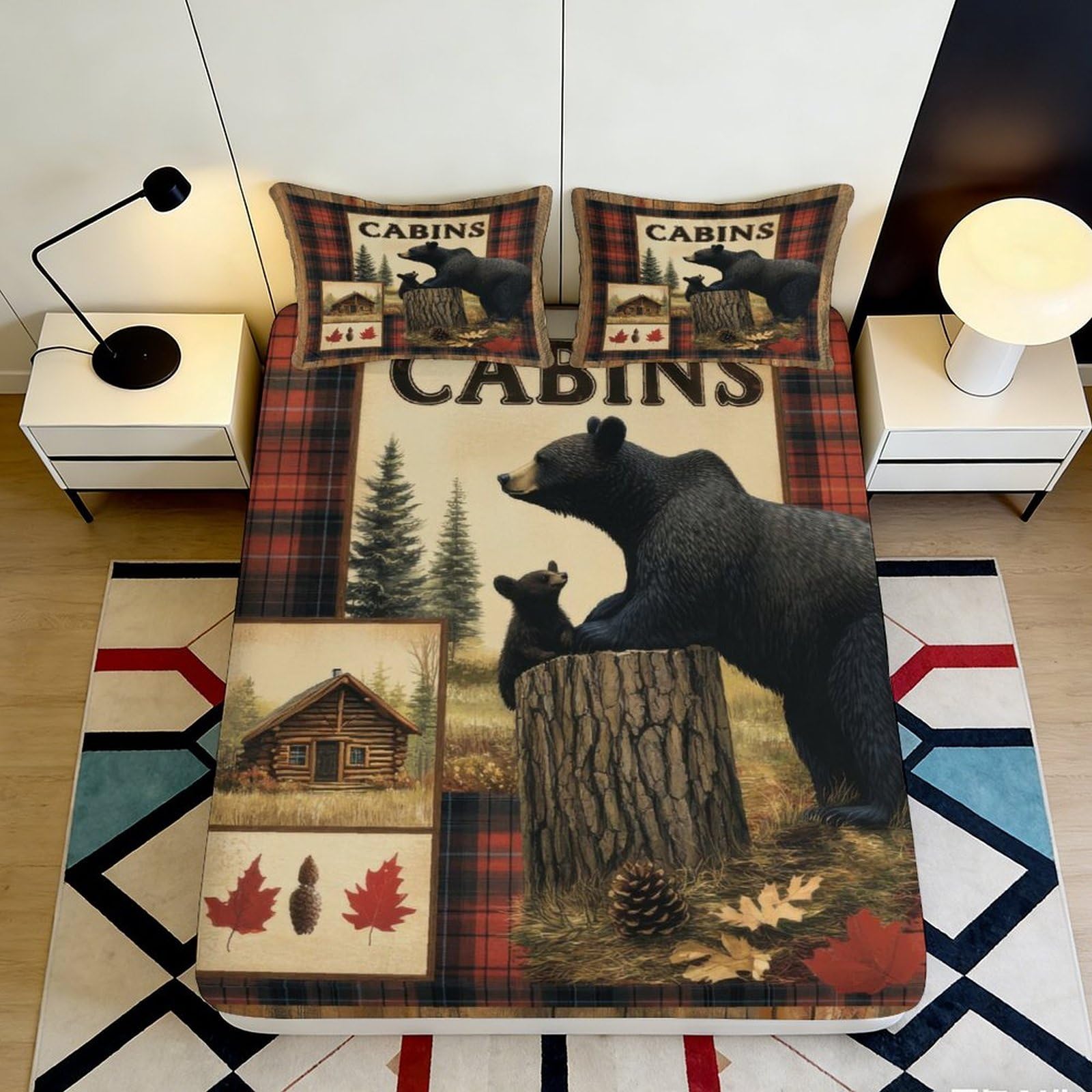 Pnayamiorkfel Style-1 3D Printed Bear Forest Fitted Sheet Microfiber Plaid Cabin Mattress Cover Anti-Slip Machine Washable Decor For Bedroom Guest Room 90X200x25cm