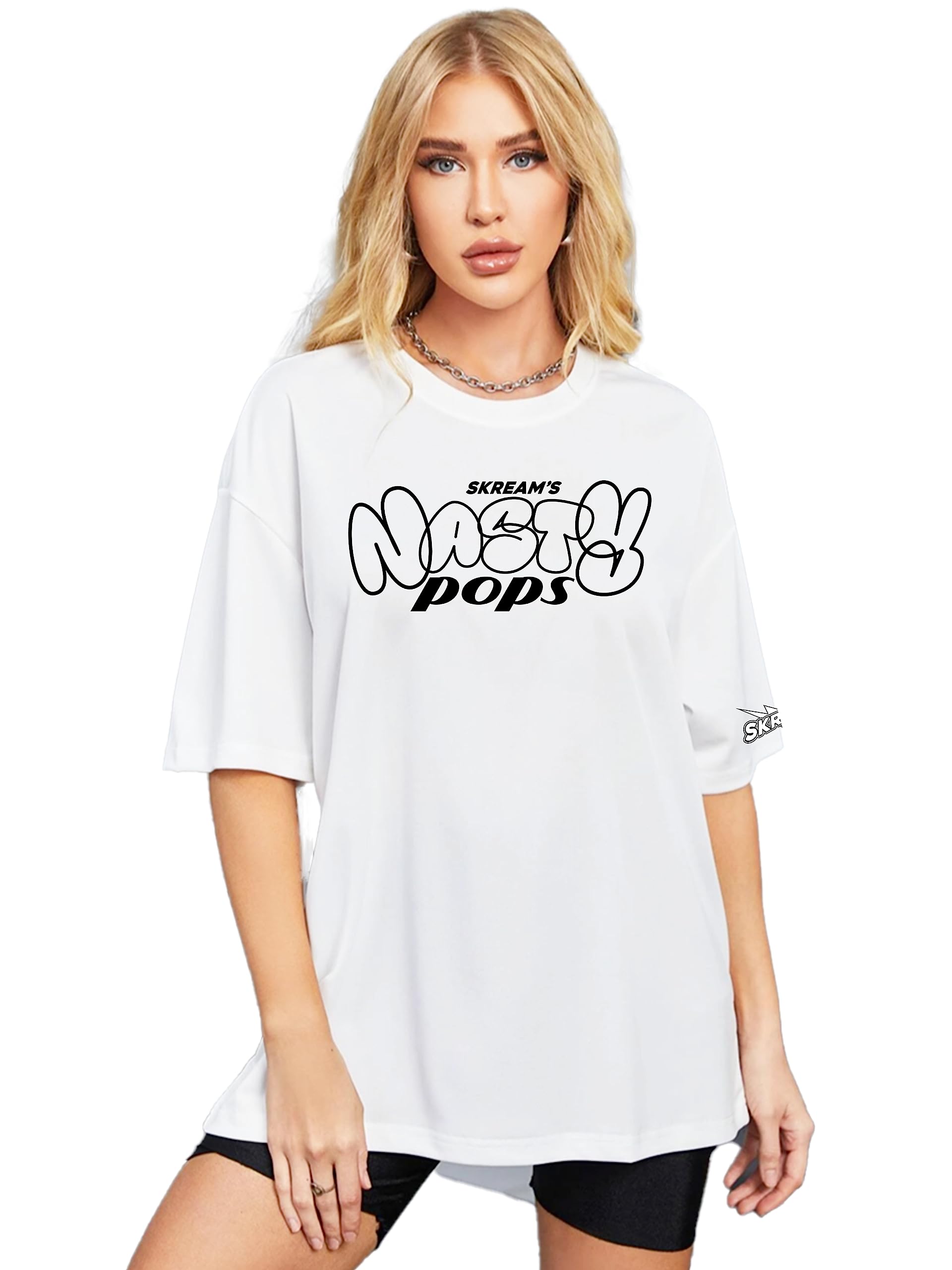 SkreamOversized T-Shirt for Women, Printed Cotton Black and White Nasty Pops, Drop Shoulder Round Neck Boxy T-Shirt Baggy, Loose Fit, Half-Sleeve Tee