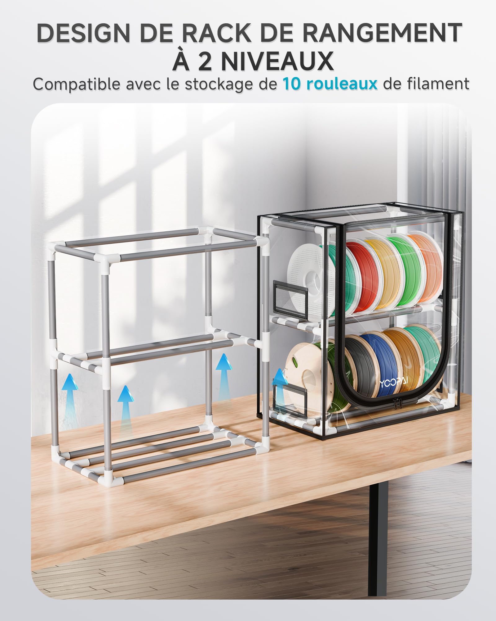 YOOPAI Boîte de rangement pour filament d'imprimante 3D avec déshydratants – Étagère de rangement en métal à 2 niveaux avec couvercle transformateur, peut contenir jusqu'à 10 rouleaux de filaments